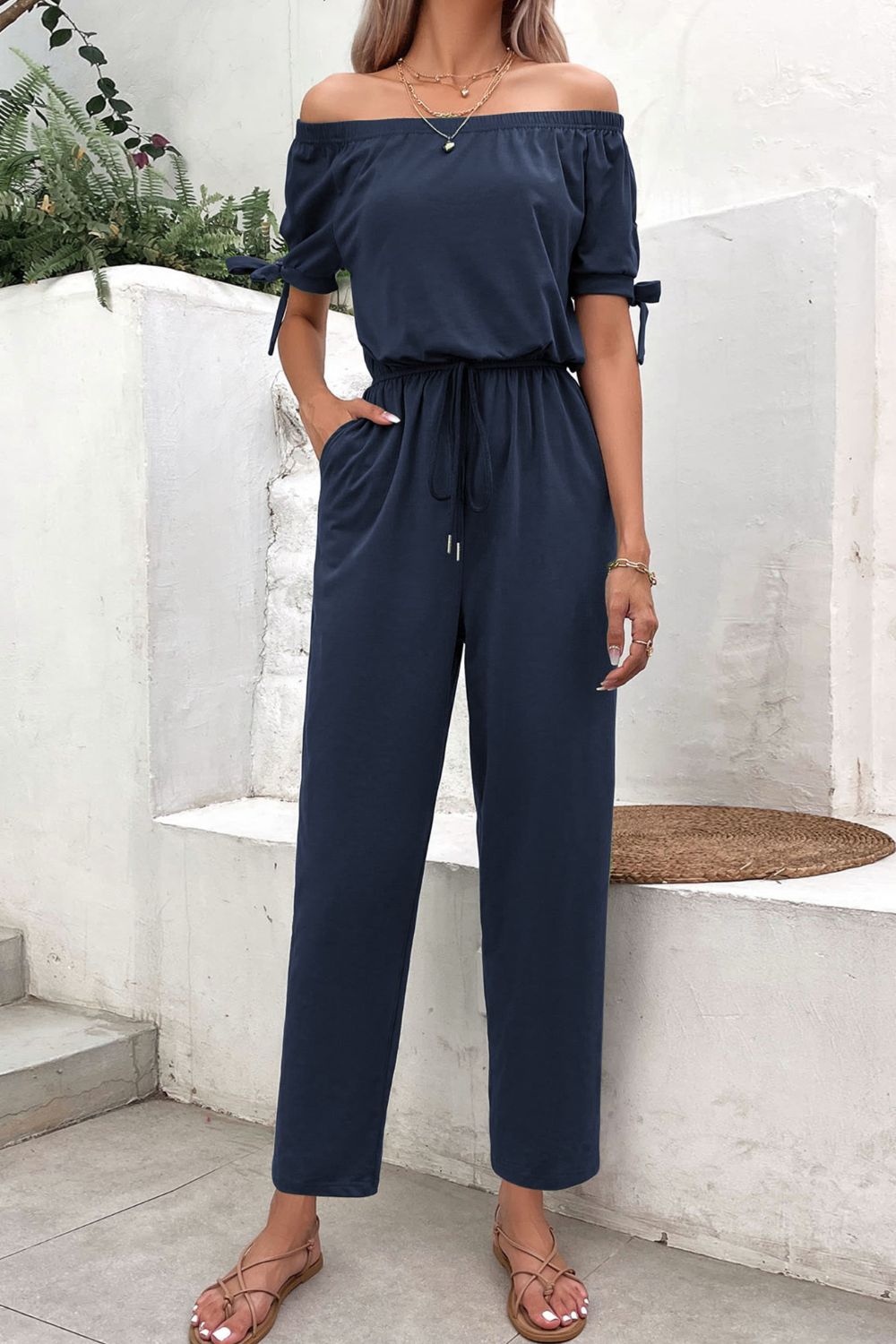 Off-Shoulder Tie Cuff Jumpsuit with Pockets Sunset and Swim   