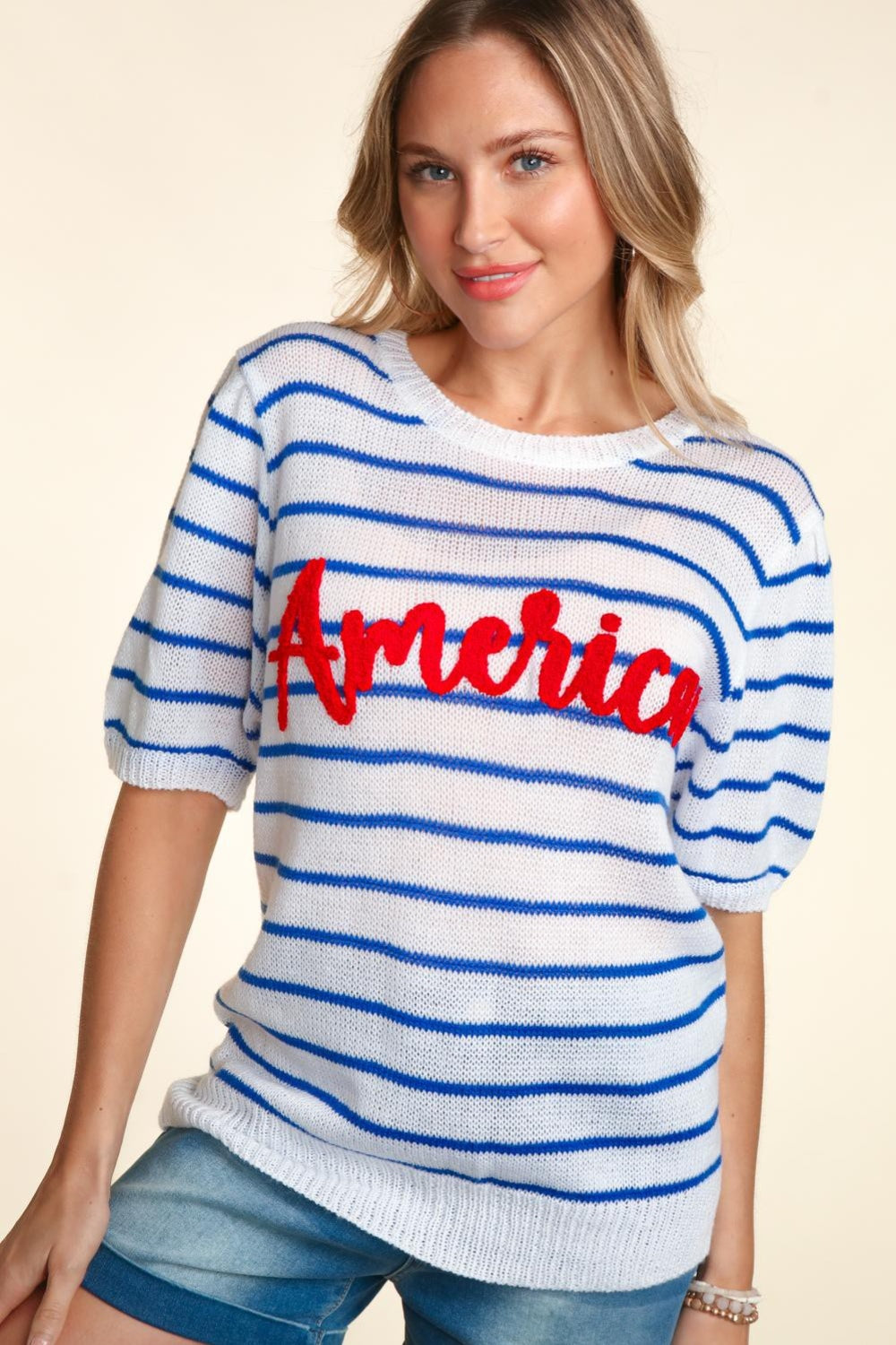 Haptics Letter Embroidery Striped Knit Top Sunset and Swim Ivory/Blue/Red S 