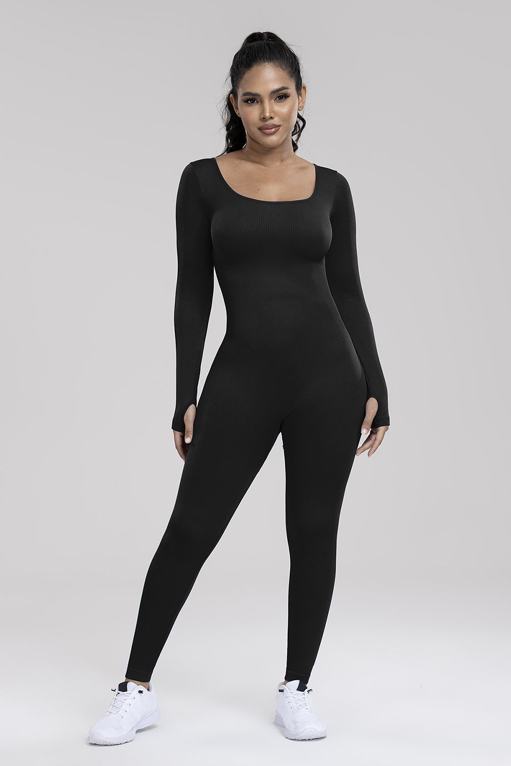 Square Neck Long Sleeve Active Jumpsuit Sunset and Swim Black S 