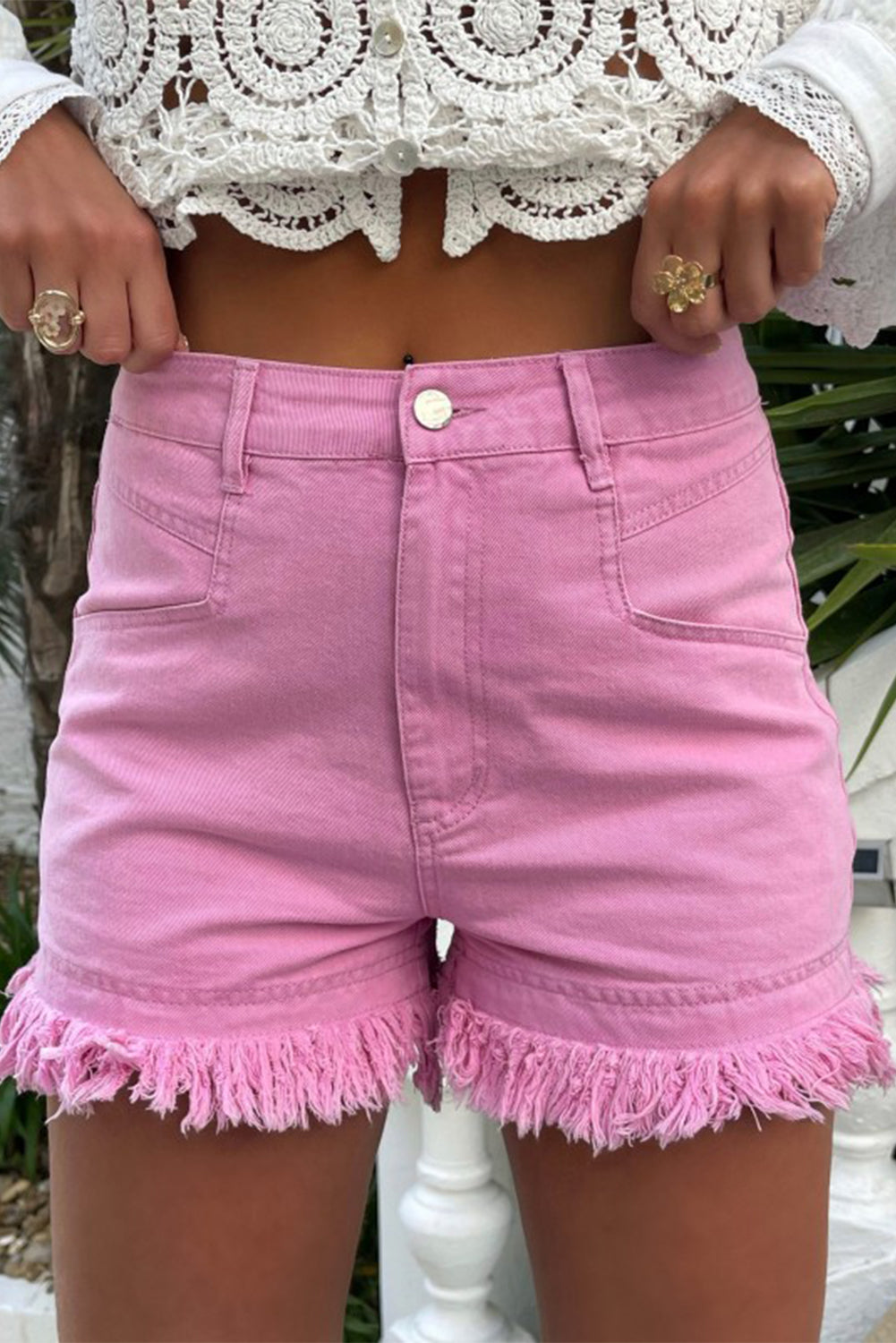 Raw Hem High Waist Denim Shorts Sunset and Swim Pink 6 