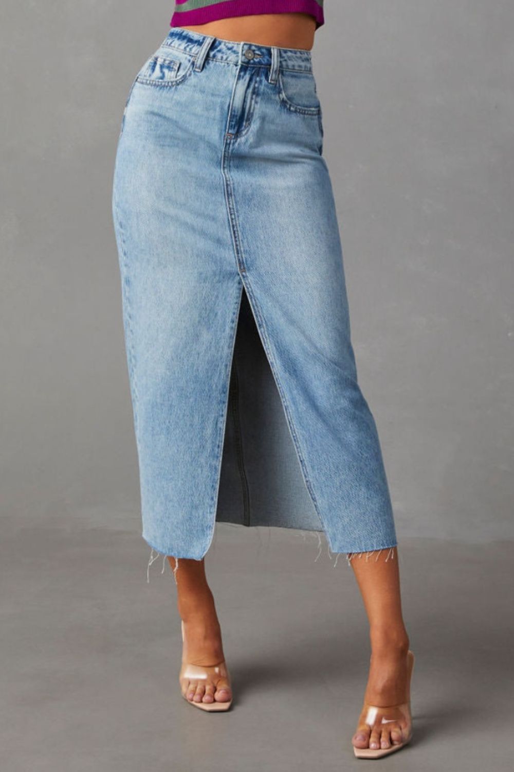 Slit Raw Hem Midi Denim Skirt Sunset and Swim Misty  Blue S 