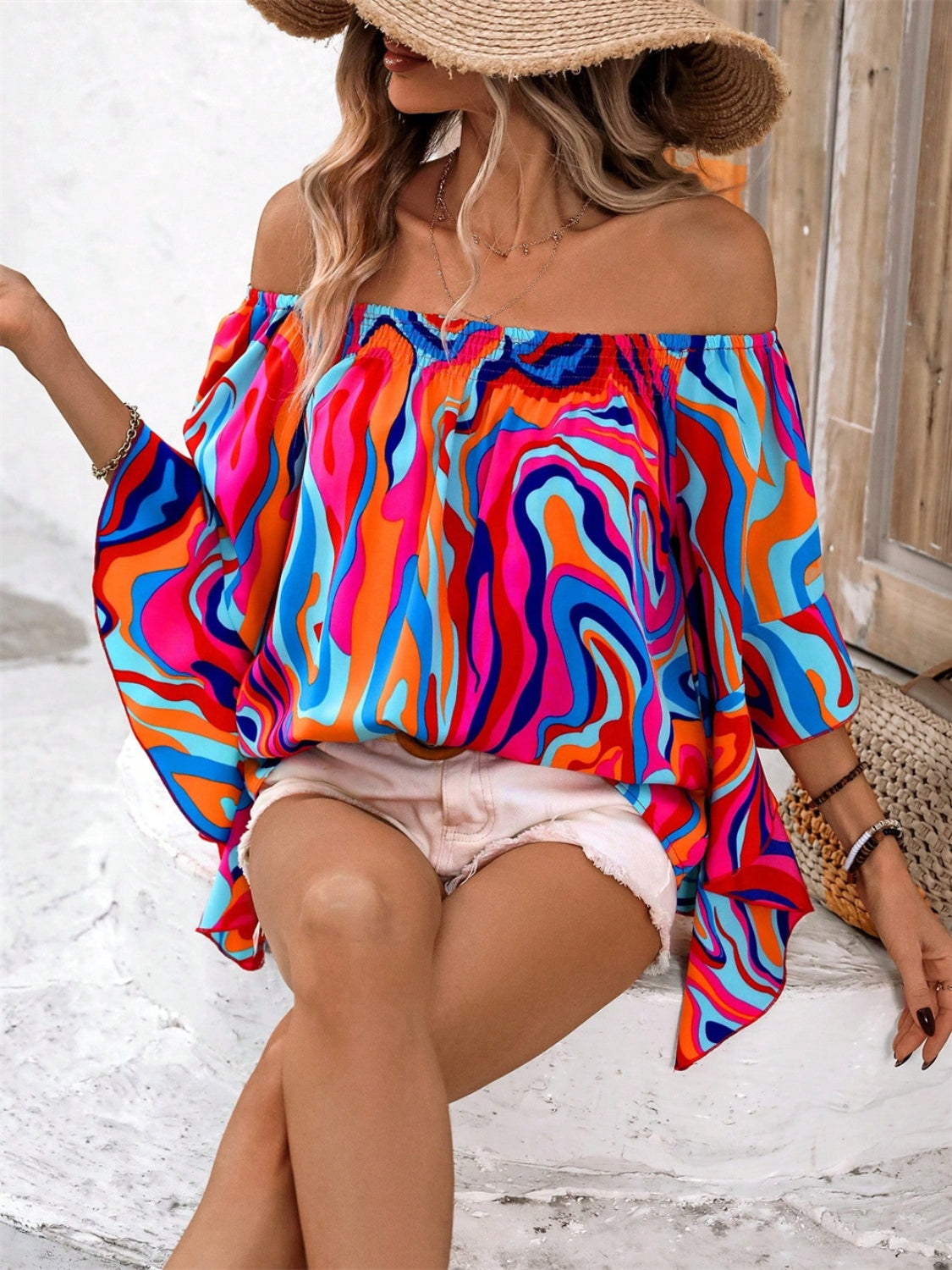 Printed Off-Shoulder Blouse Sunset and Swim   