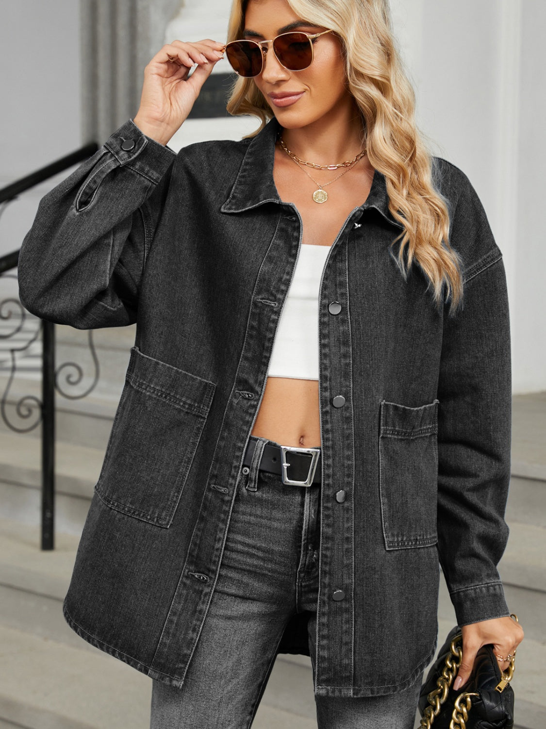 Removable Hood Button Up Long Sleeve Denim Jacket Sunset and Swim Black S 