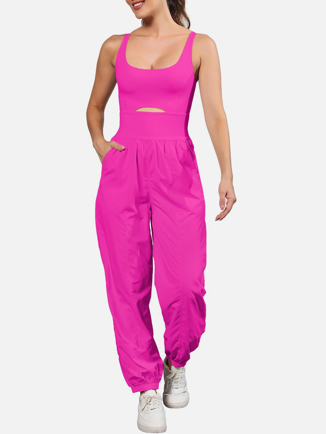 Sunset Vacation Cutout Scoop Neck Wide Strap Jumpsuit Sunset and Swim Hot Pink S 