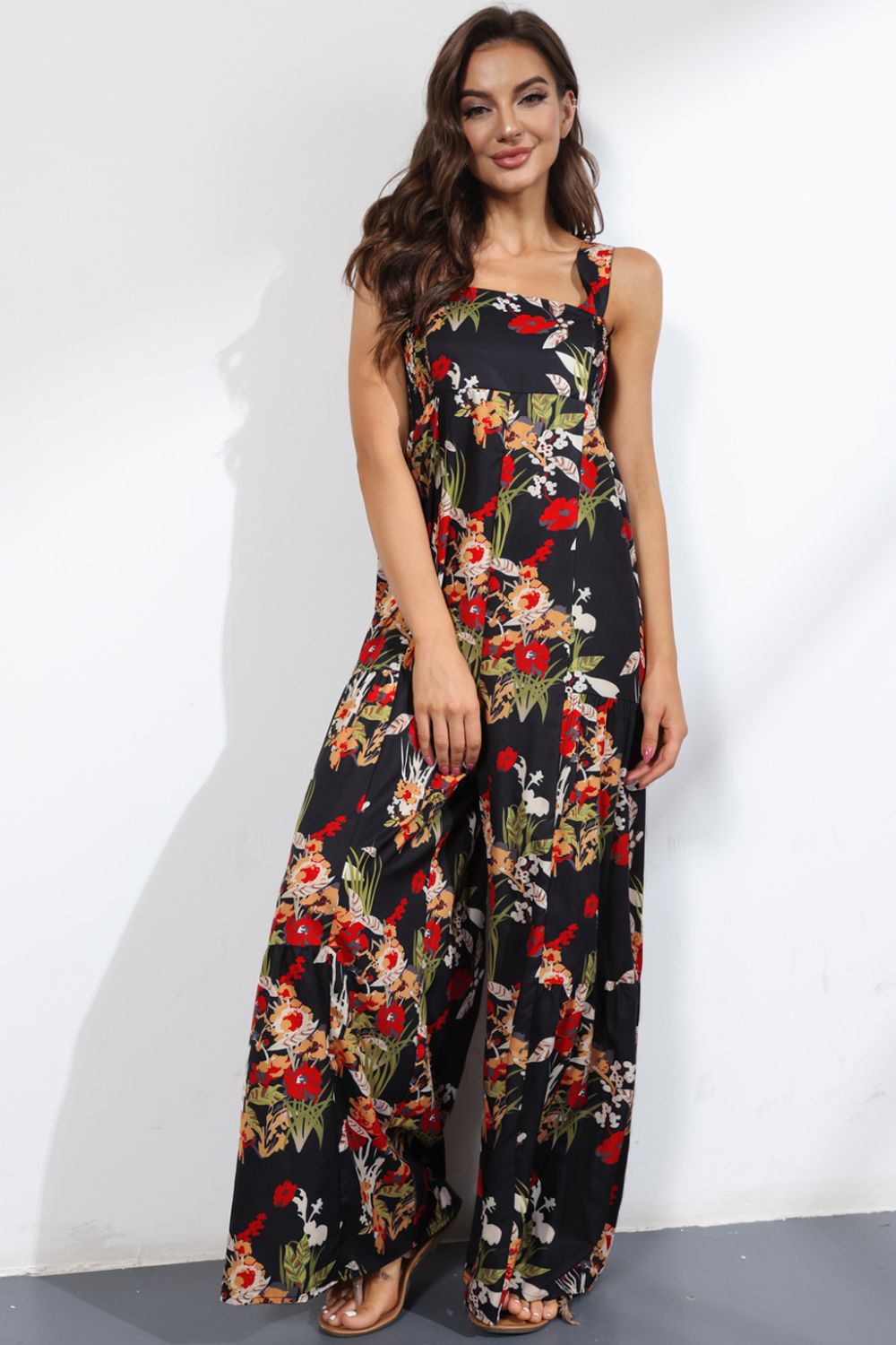 Floral Square Neck Wide Leg Jumpsuit Sunset and Swim Multicolor S 