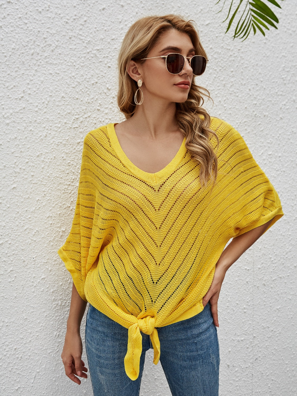 Sunset Vacation  Openwork Batwing Sleeve Cover-Up  Sunset and Swim True Yellow S 