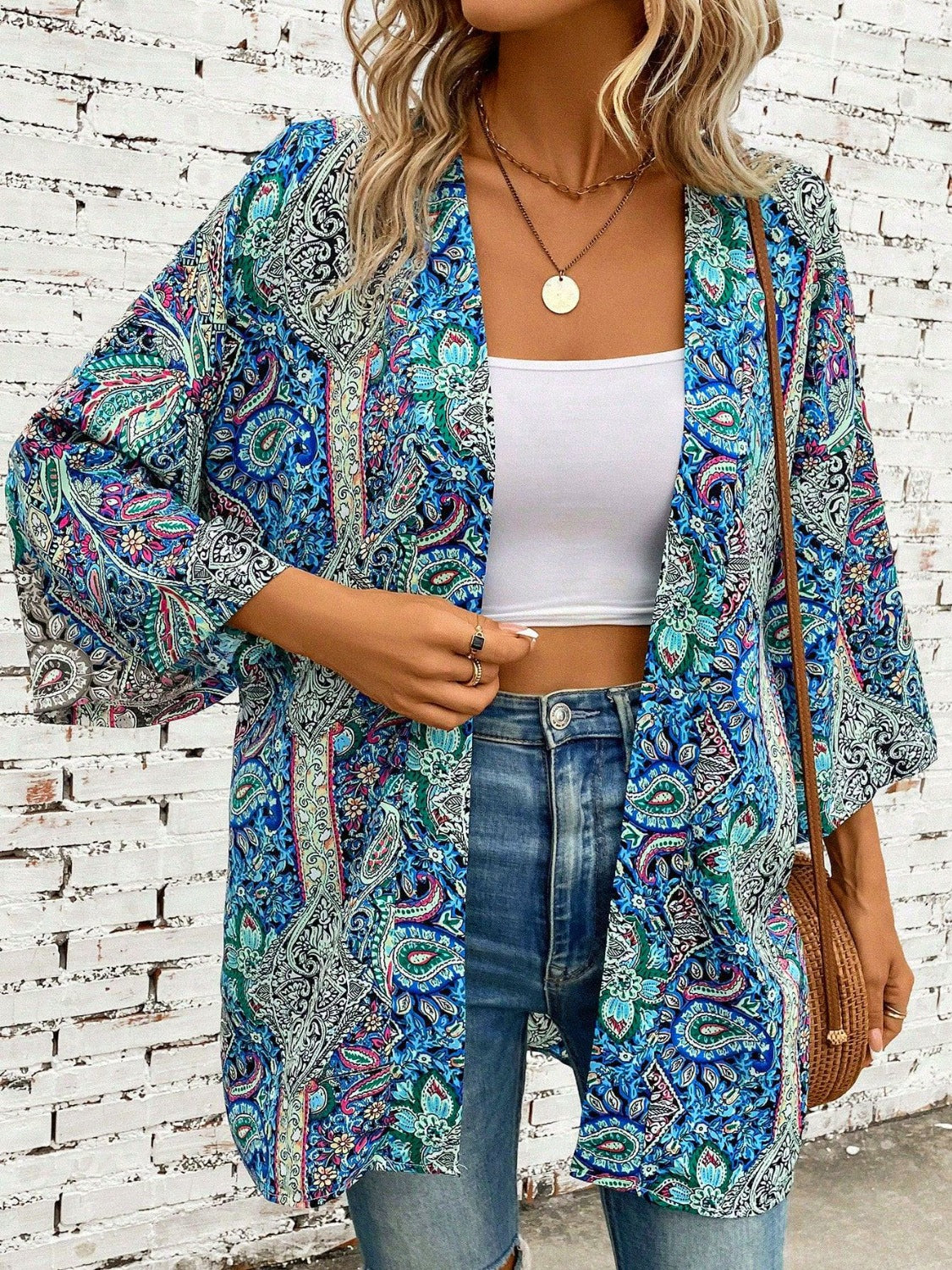 Printed Open Front Three-Quarter Sleeve Cover Up Sunset and Swim   