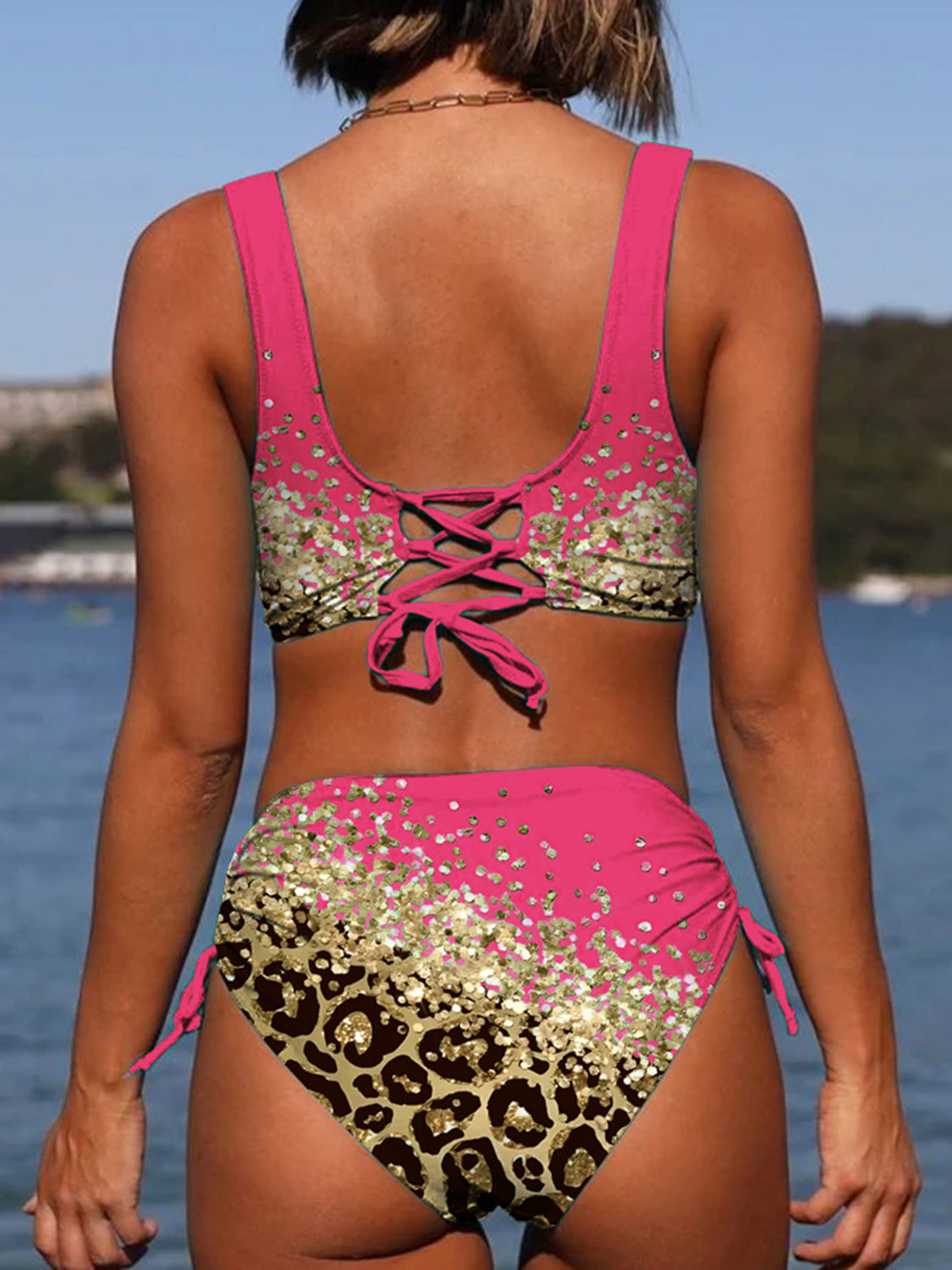 Sunset Vacation  Lace-Up Printed Wide Strap Bikini Set  Sunset and Swim   