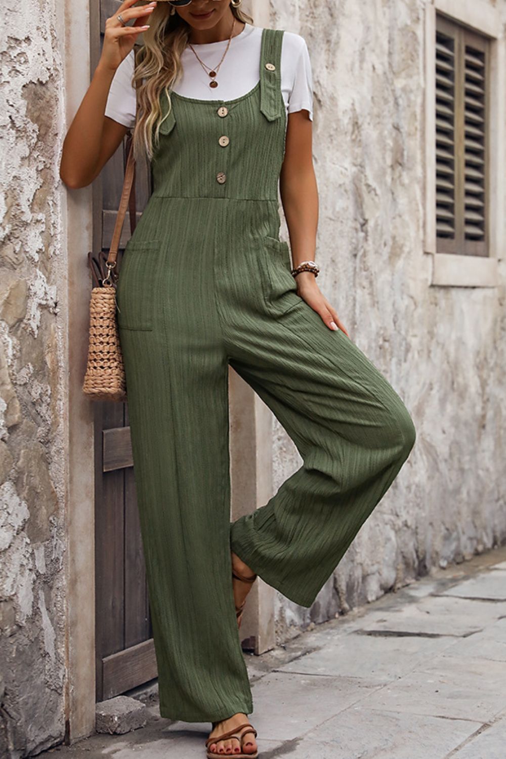 Textured Pocketed Wide Strap Overalls Sunset and Swim Moss S 