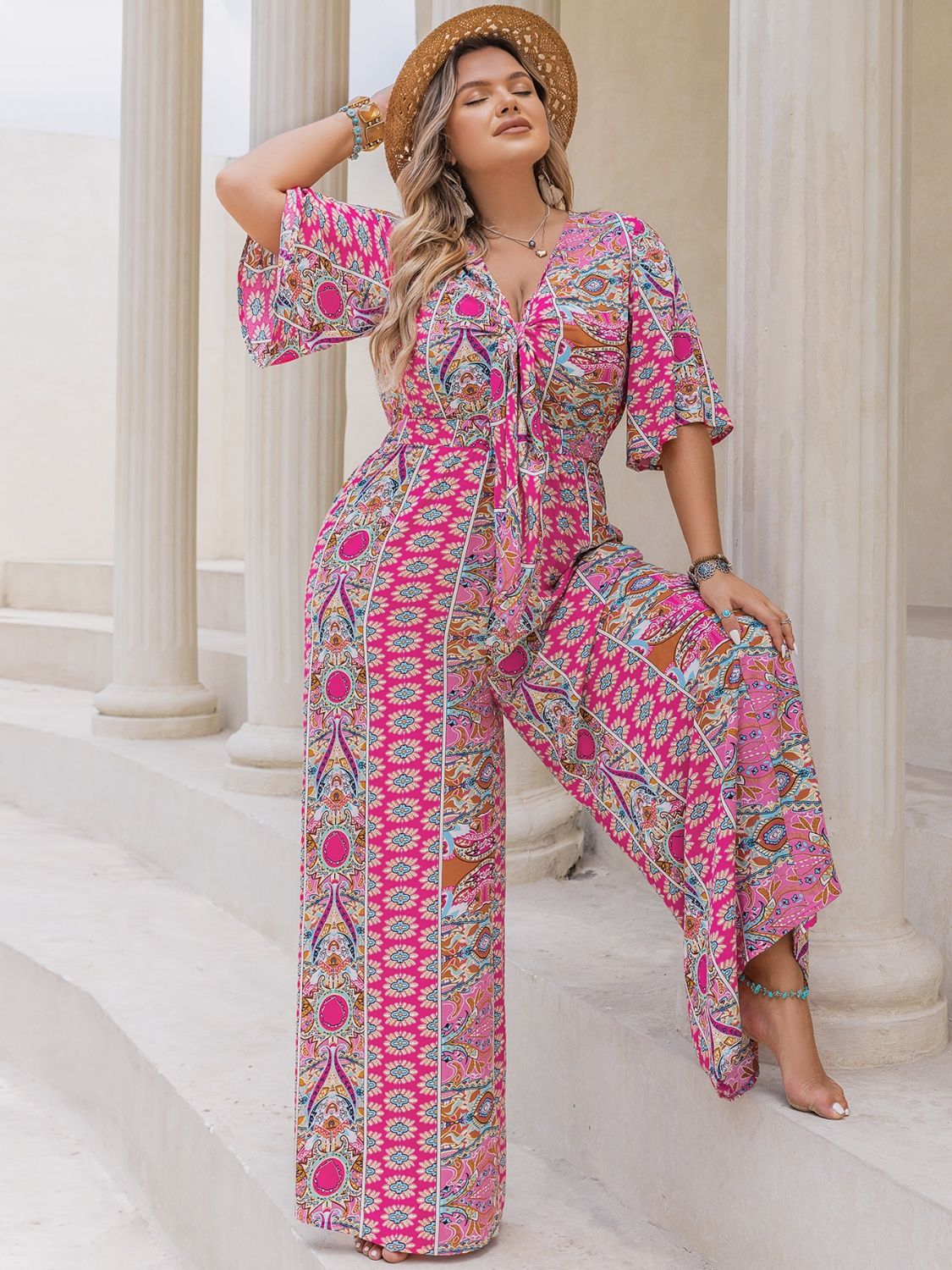 Sunset Vacation Plus Size Printed Half Sleeve Wide Leg Jumpsuit Sunset and Swim   