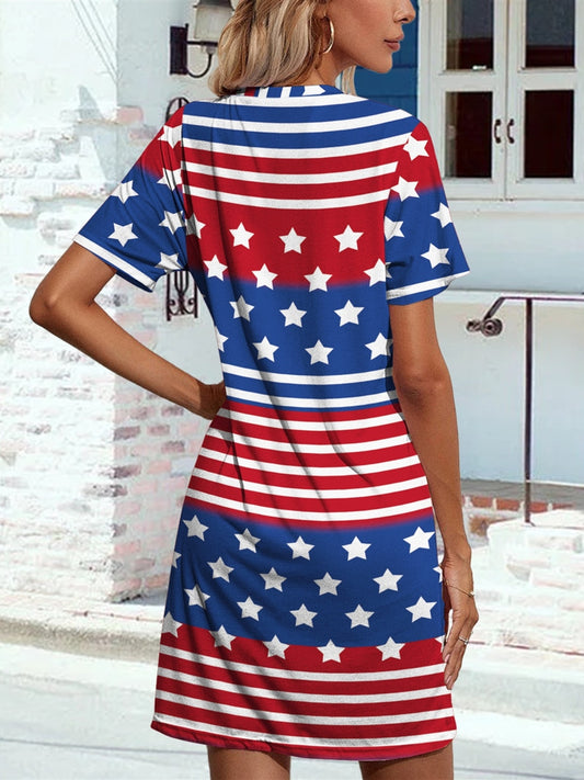 Pocketd US Flag Printed Short Sleeve Dress  Sunset and Swim   