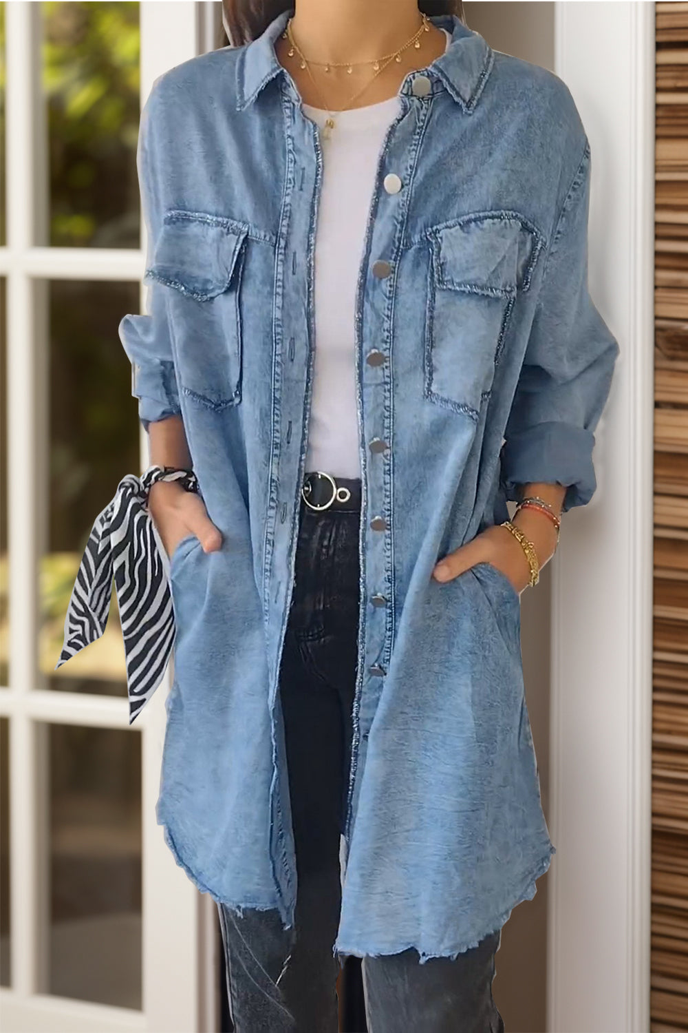 Full Size Pocketed Button Up Long Sleeve Denim Jacket Sunset and Swim Light Blue S 