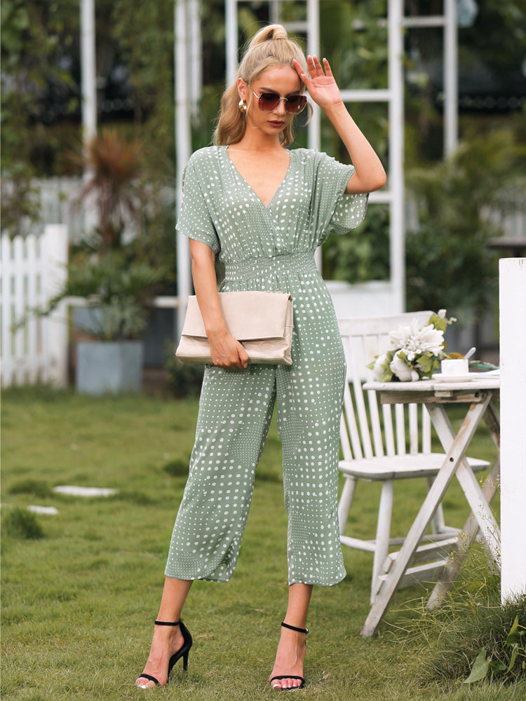 Polka Dot Surplice Neck Jumpsuit with Pockets Sunset and Swim   