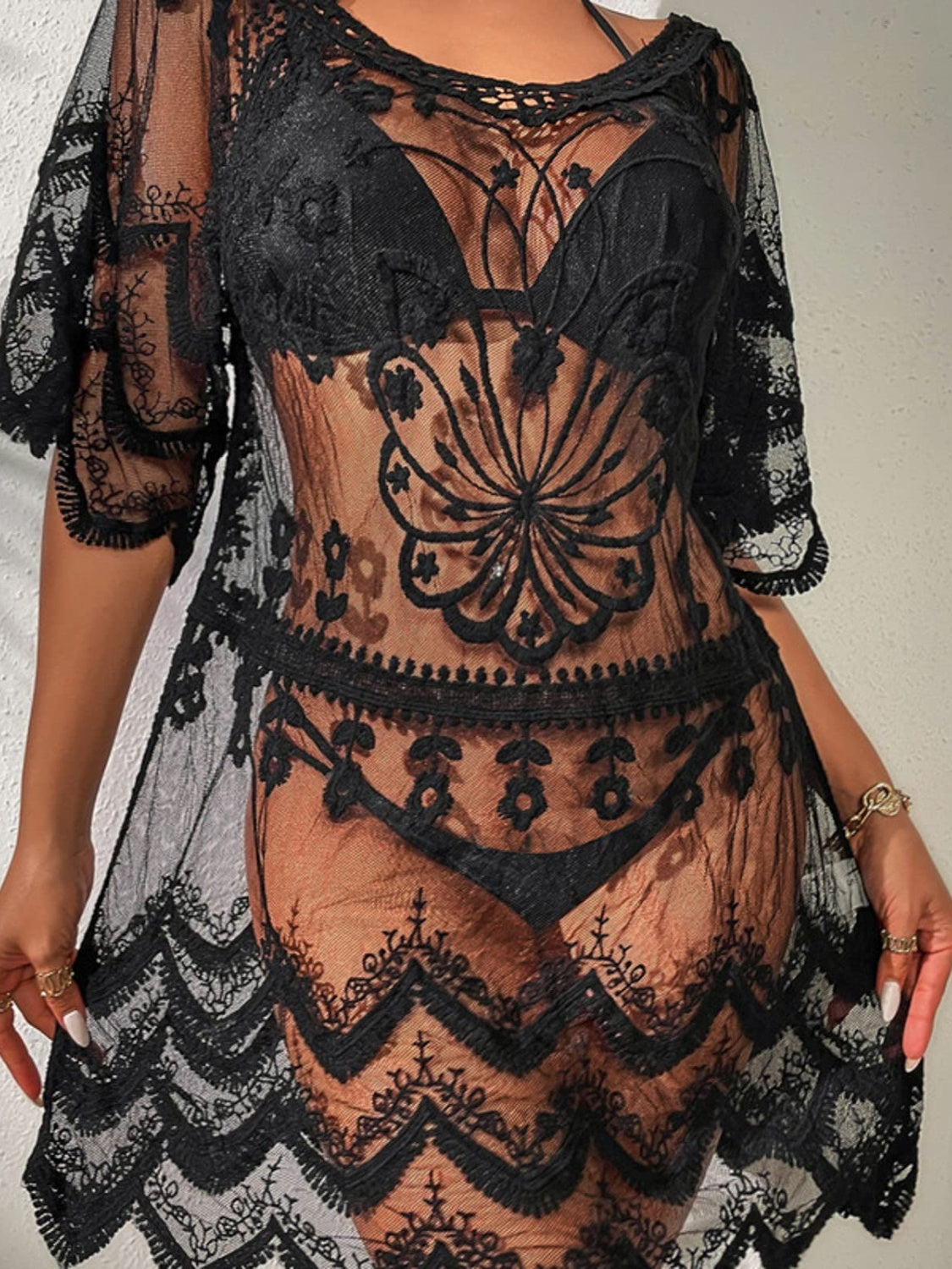 Sunset Vacation  Lace Round Neck Half Sleeve Beach Cover Up Sunset and Swim   