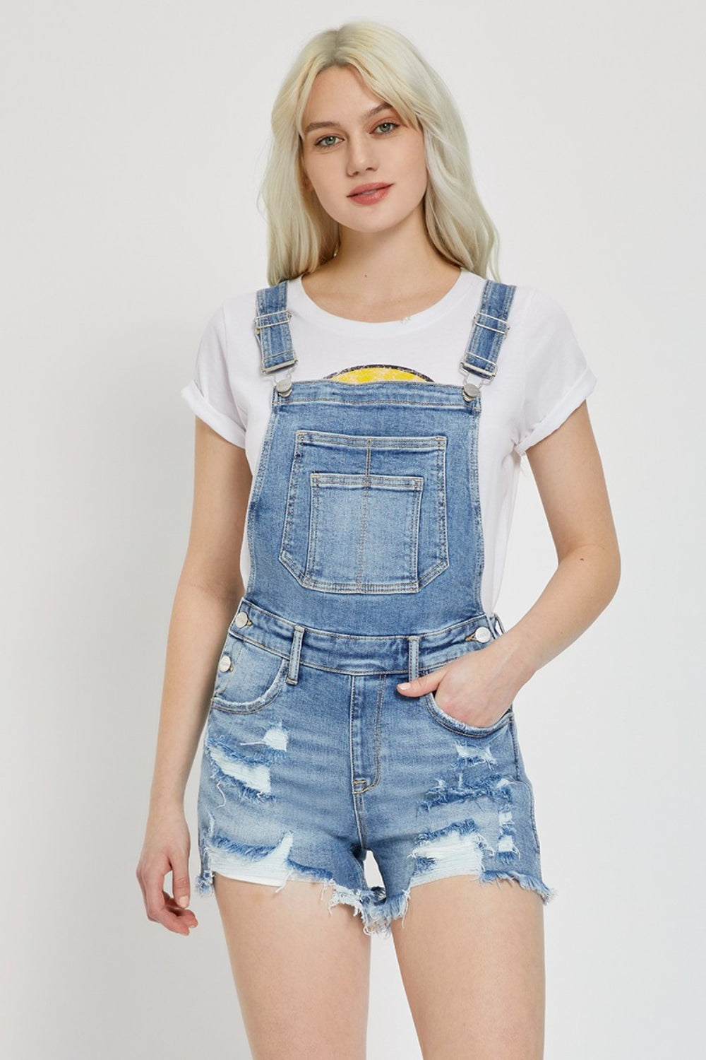 RISEN Distressed Raw Hem Denim Overalls Sunset and Swim Medium S 