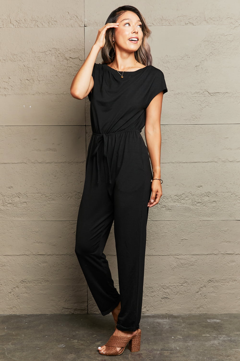Boat Neck Short Sleeve Jumpsuit with Pockets Sunset and Swim   