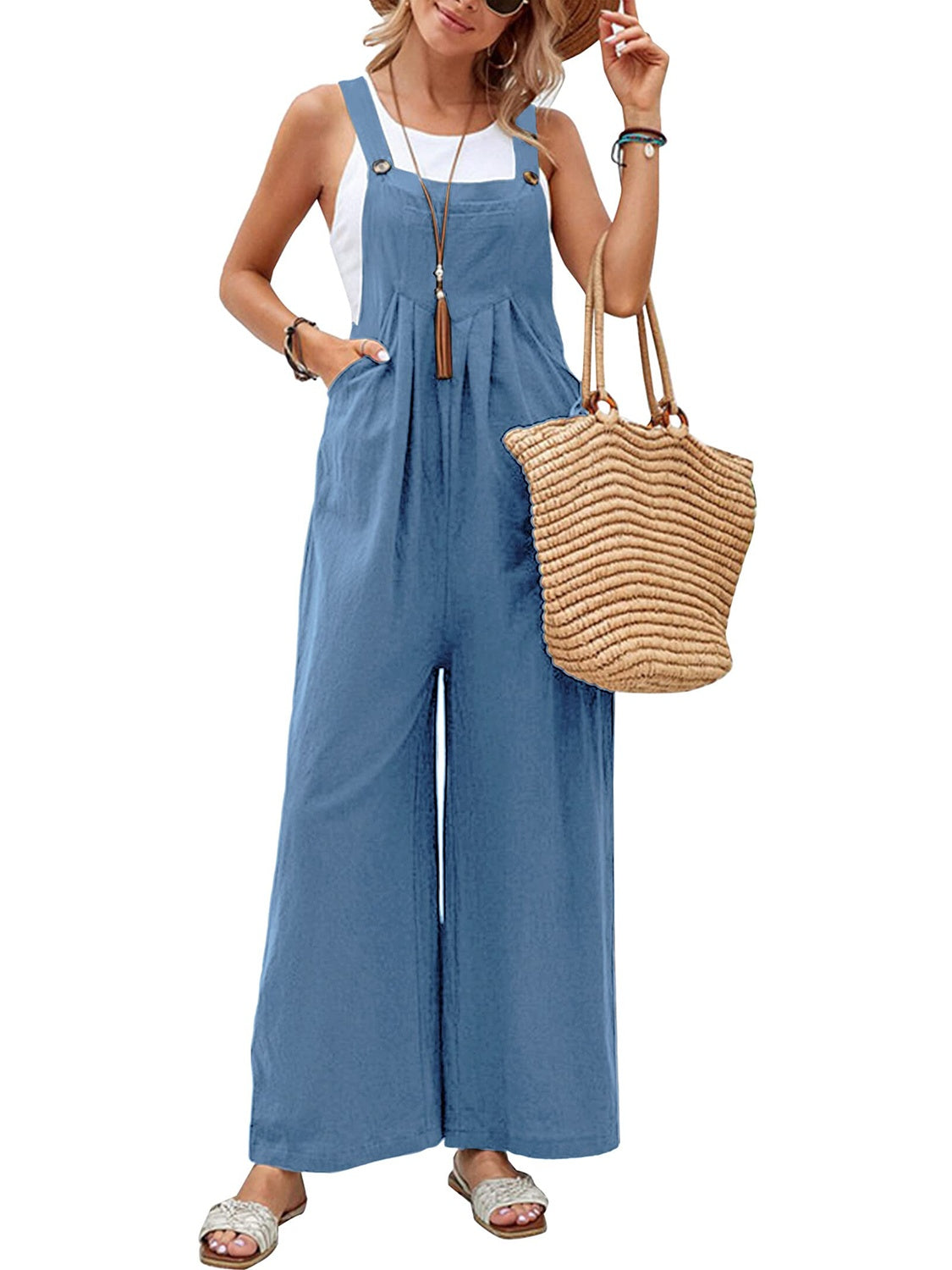 Full Size Square Neck Wide Strap Overalls Sunset and Swim   