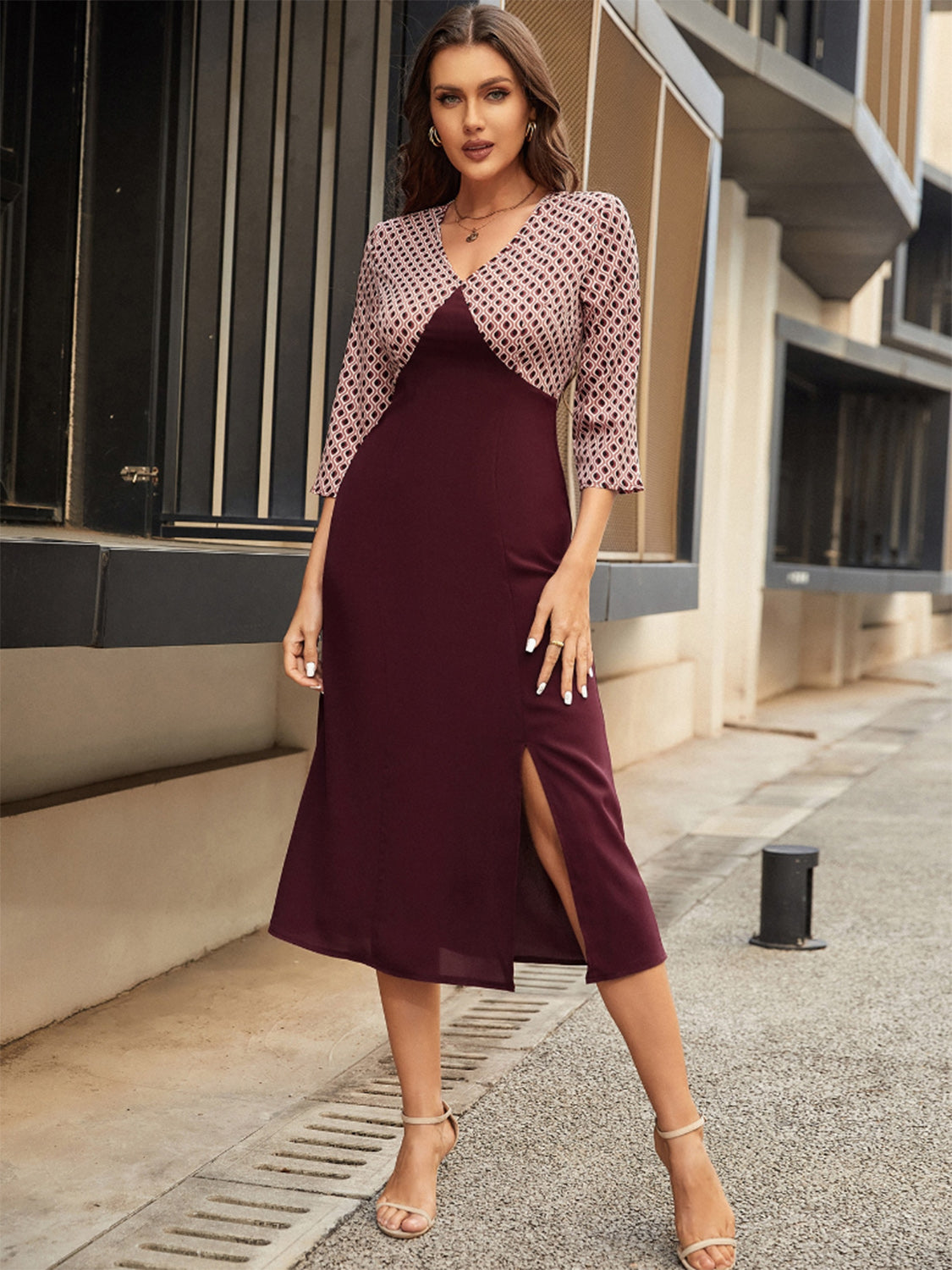 Slit V-Neck Three-Quarter Sleeve Midi Dress Sunset and Swim   