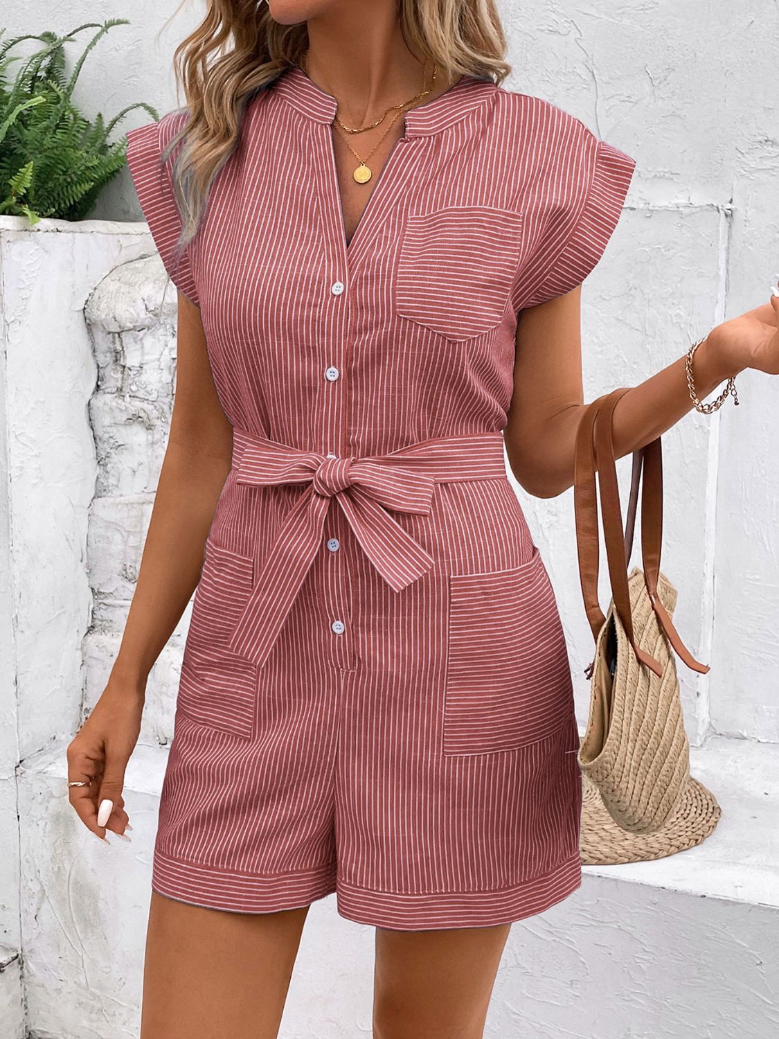 Striped Notched Tie Waist Romper Sunset and Swim   