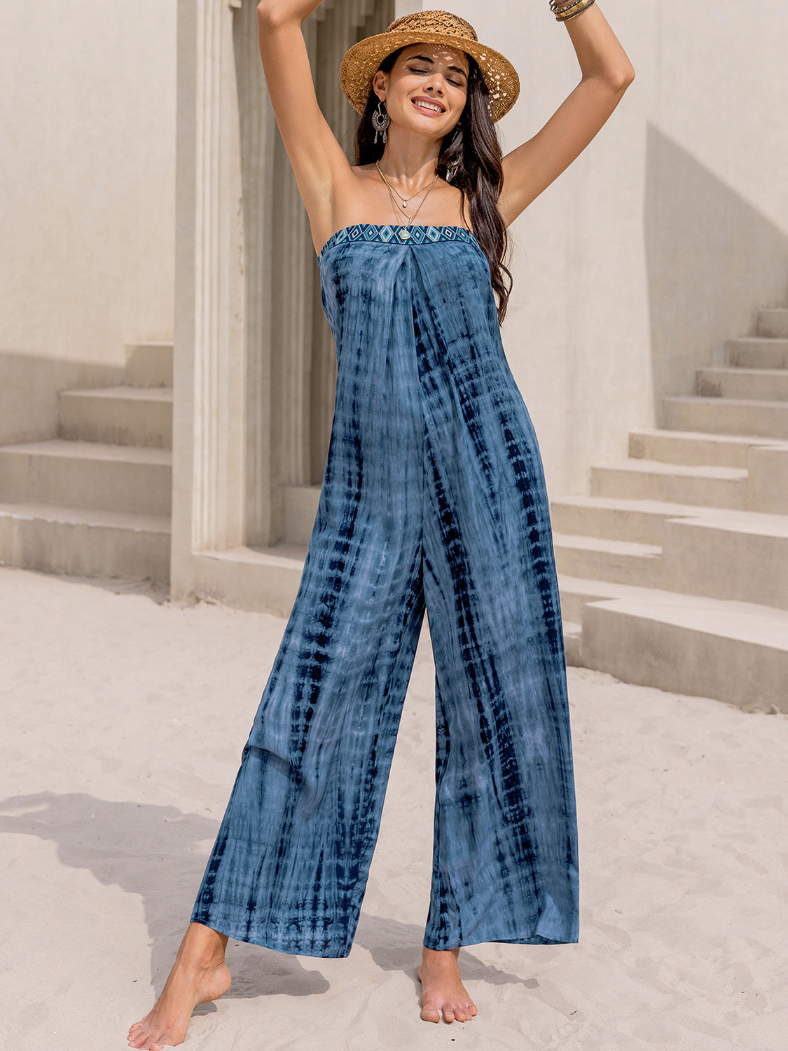 Tied Tube Wide Leg Jumpsuit Sunset and Swim Blue S 
