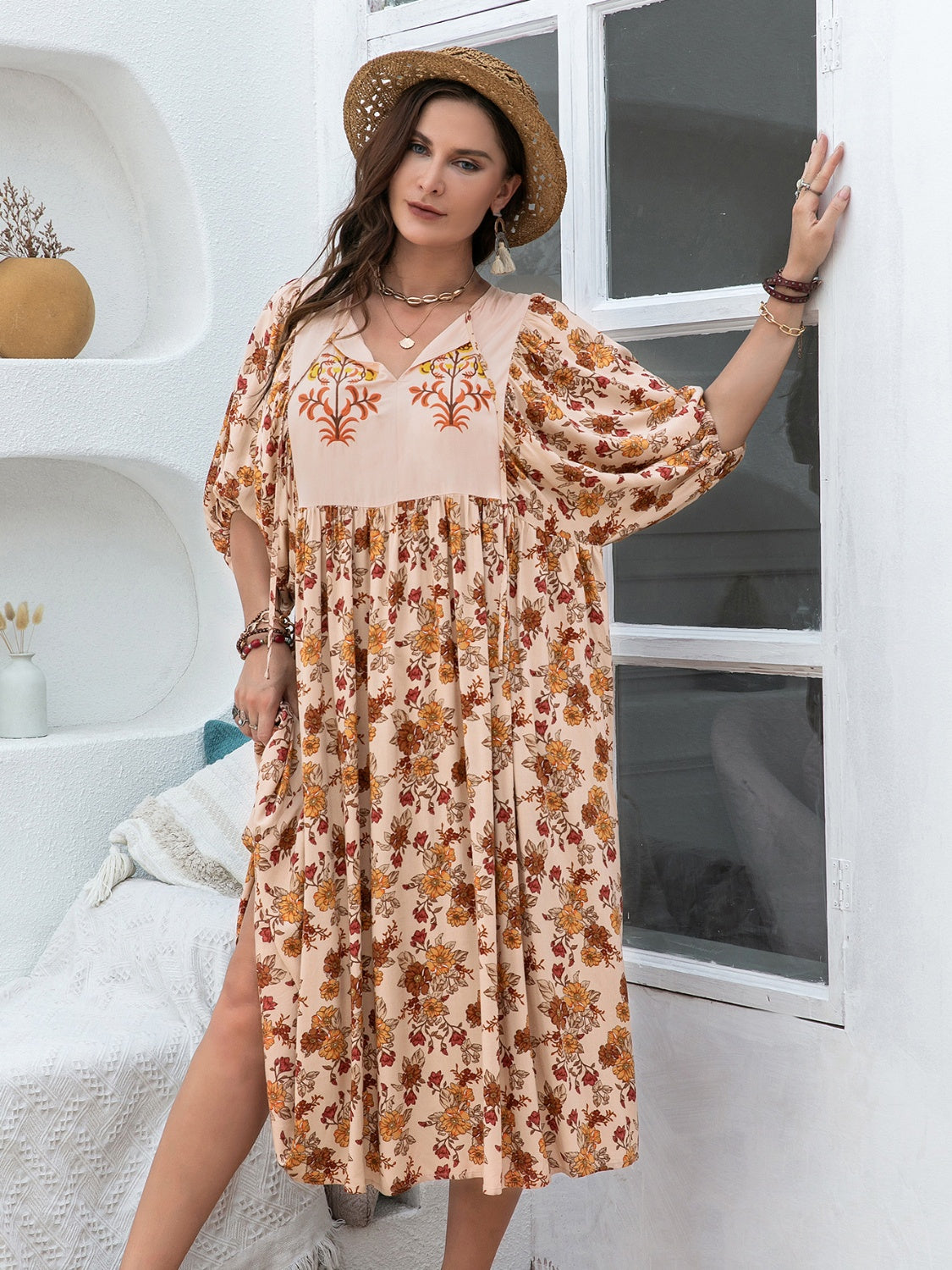 Plus Size Printed Tie Neck Half Sleeve Midi Dress Sunset and Swim   