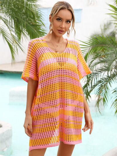 Sunset Vacation  Tassel Openwork Striped V-Neck Cover Up Sunset and Swim Tangerine One Size 
