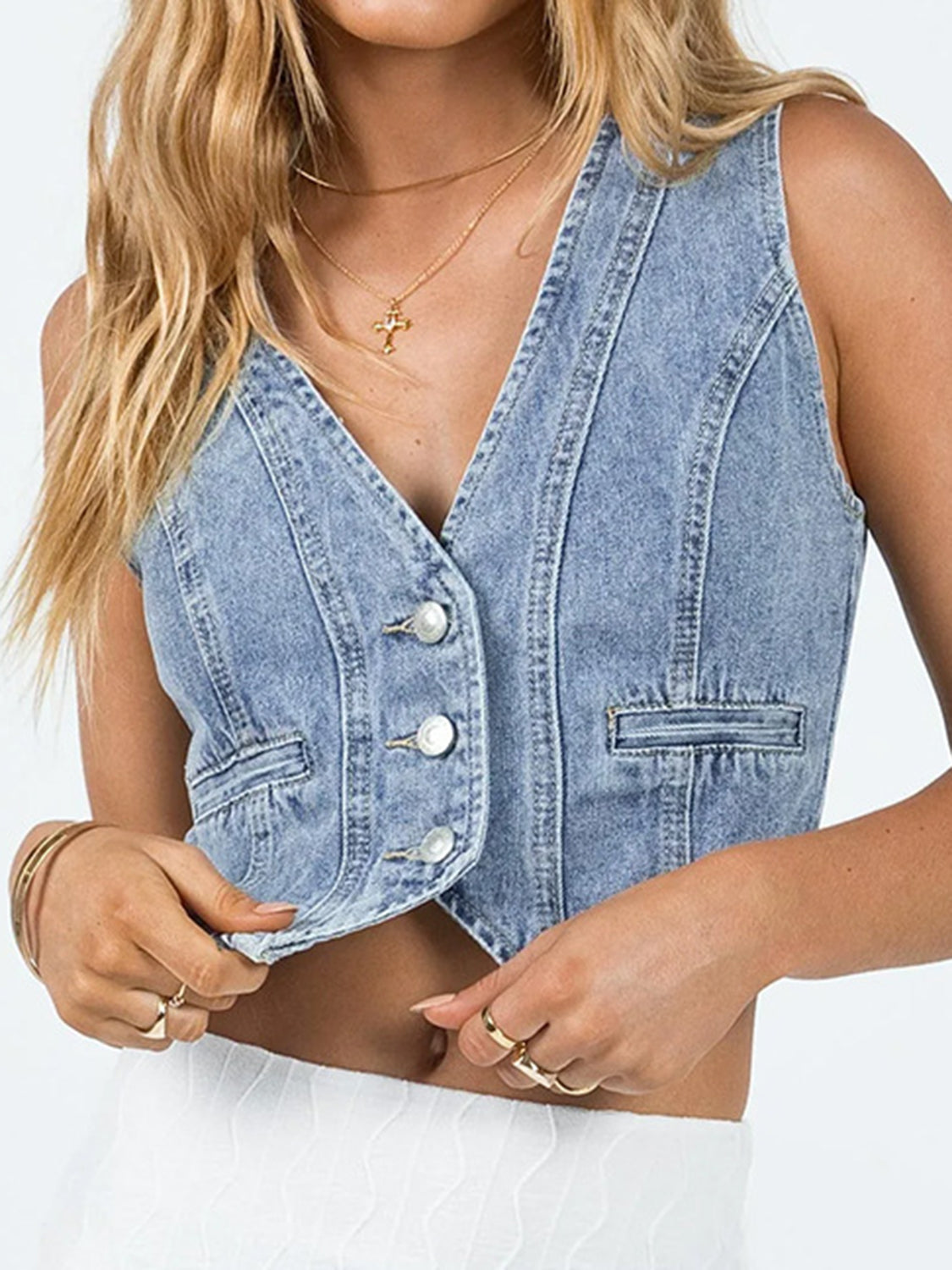 Button Up Sleeveless Denim Top Sunset and Swim Light Blue S 