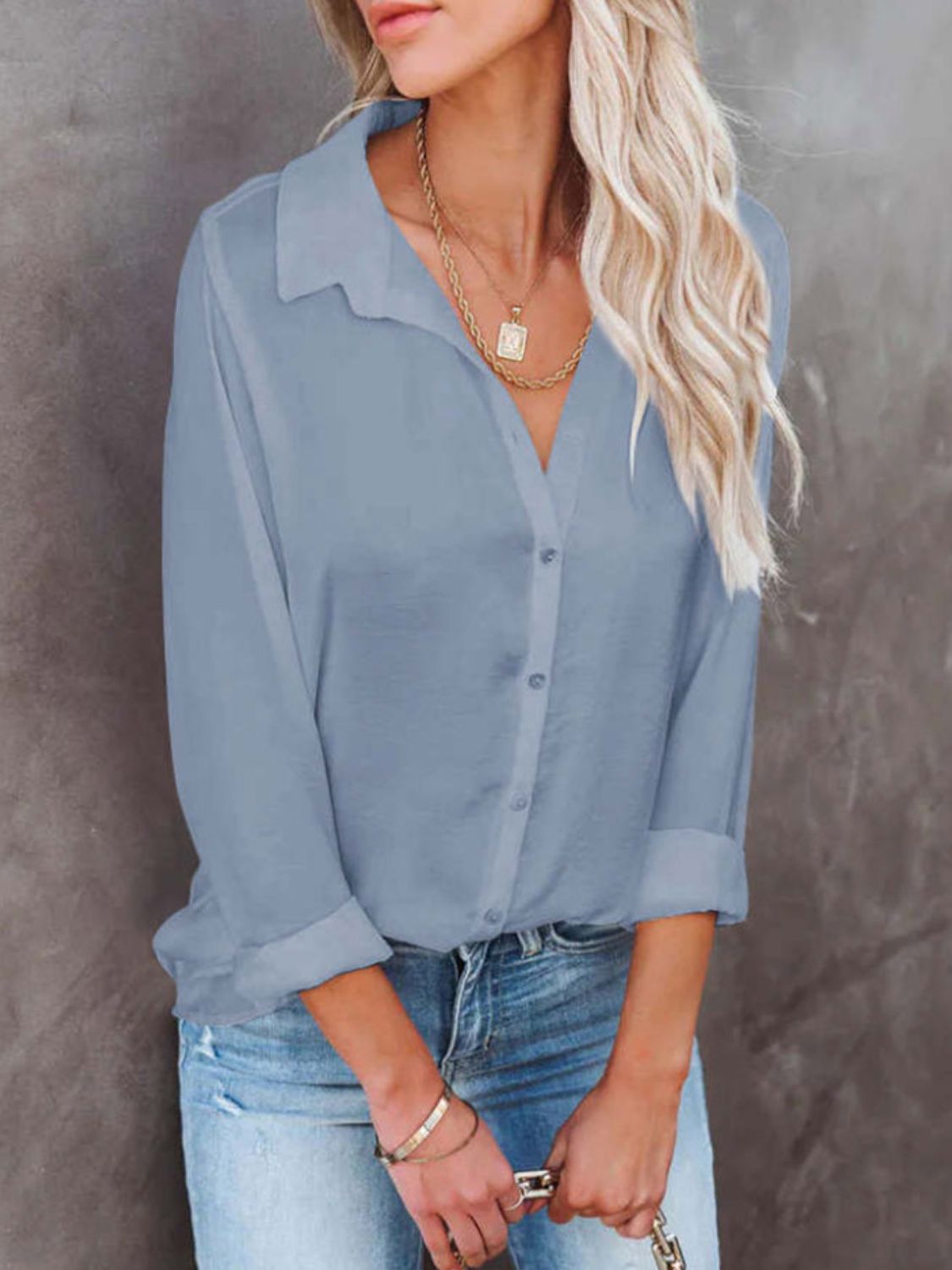 Sunset Vacation Button Down Collared Neck Long Sleeve Shirt Sunset and Swim Light Blue S 