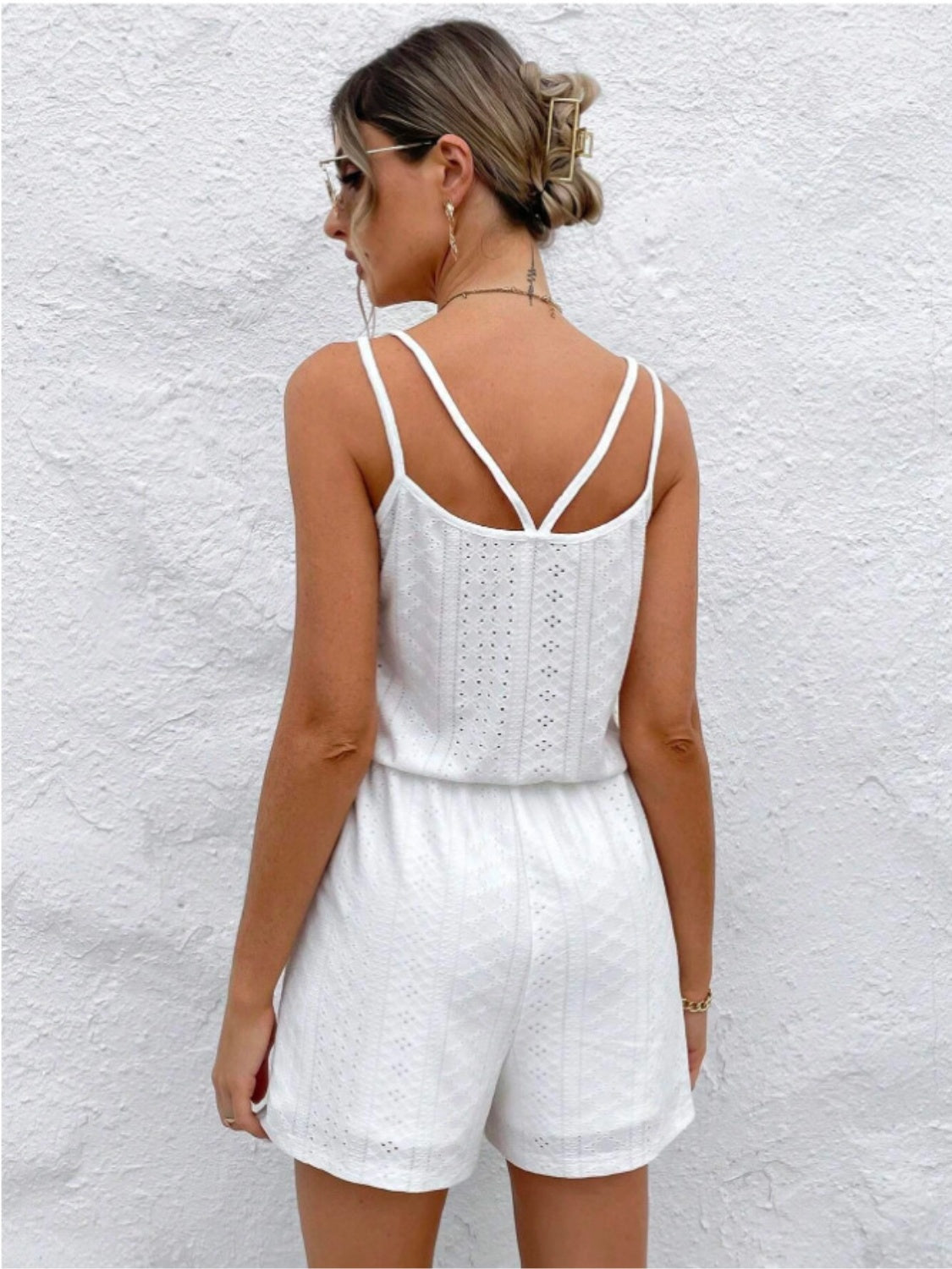 Eyelet Scoop Neck Double Spaghetti Straps Romper Sunset and Swim   