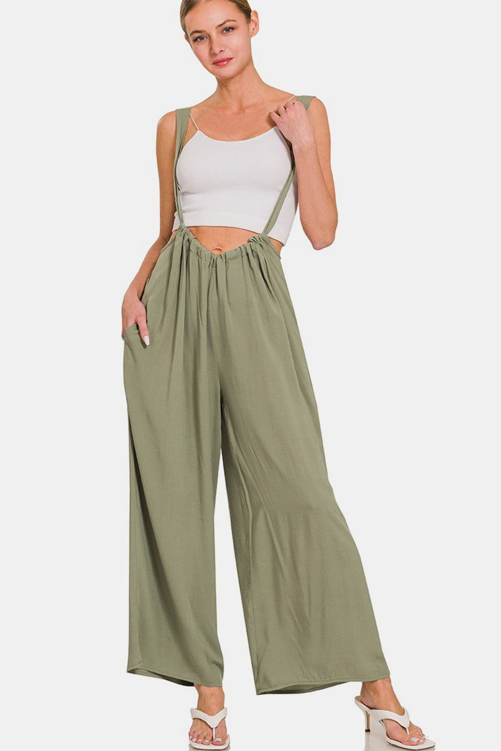 Zenana Pocketed Wide Strap Wide Leg Overalls Sunset and Swim Lt Olive S 