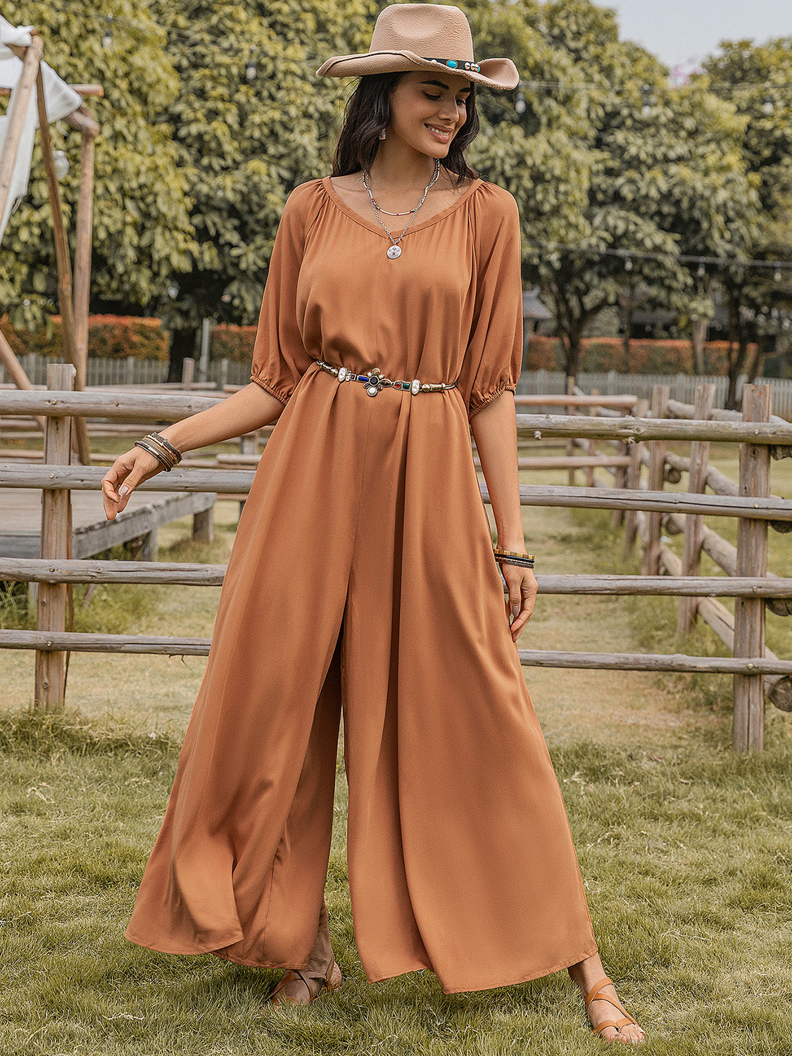 Scoop Neck Half Sleeve Wide Leg Jumpsuit Sunset and Swim   