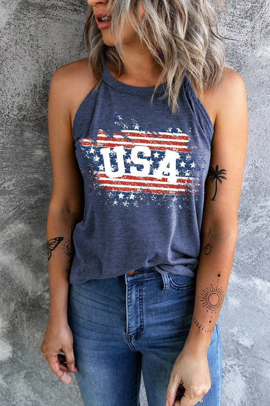 US Flag Graphic Tank  Sunset and Swim Dusty  Blue S 