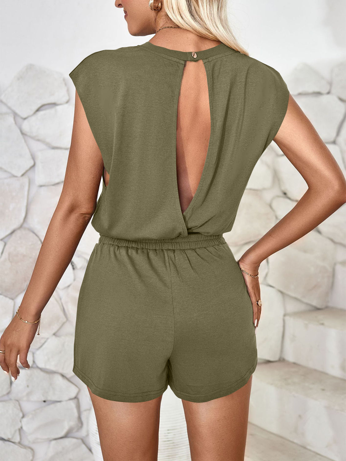 Cutout Round Neck Cap Sleeve Romper Sunset and Swim Matcha Green S 