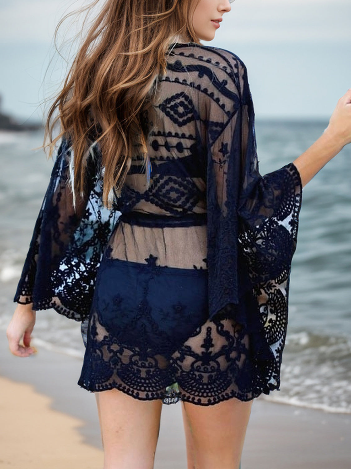 Sunset Vacation  Lace V-Neck Three-Quarter Sleeve Beach Cover Up Sunset and Swim   