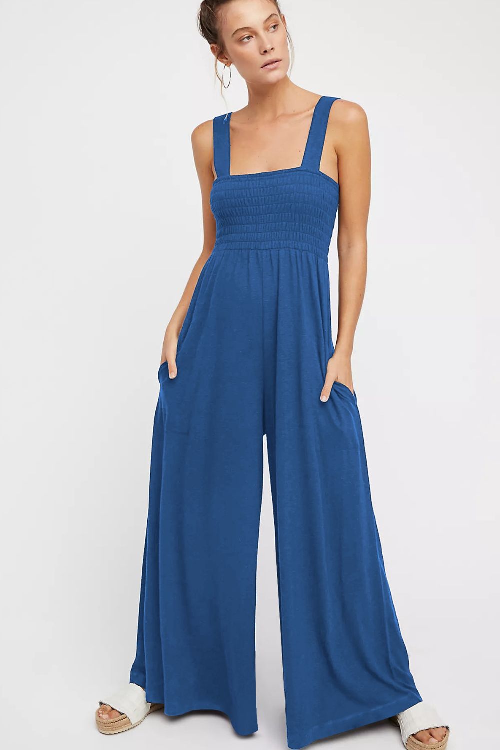 Smocked Square Neck Wide Leg Jumpsuit with Pockets Sunset and Swim Dusty Blue S 