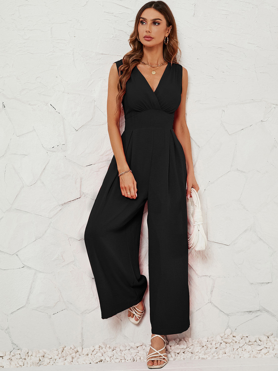 Sunset and Swim  Surplice Wide Strap Jumpsuit with Pockets Sunset and Swim Black S 