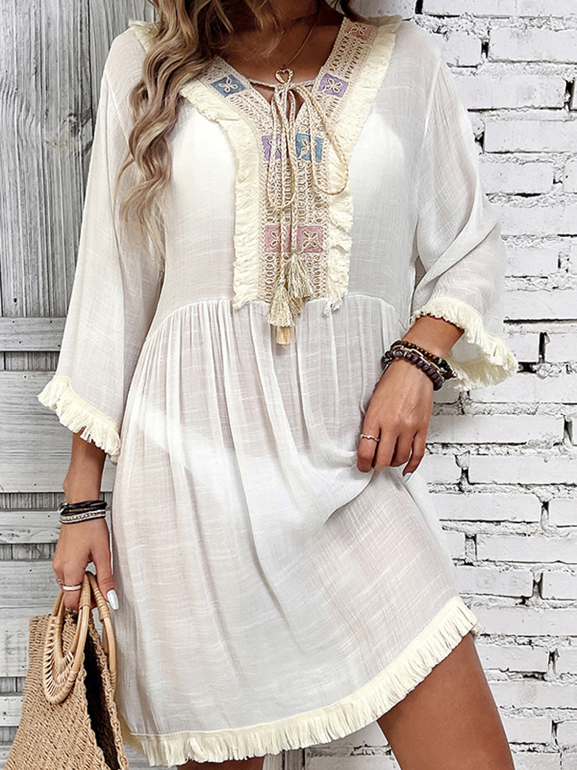 Sunset Vacation  Fringe Tie Neck Three-Quarter Sleeve Beach Cover Up Sunset and Swim White One Size 