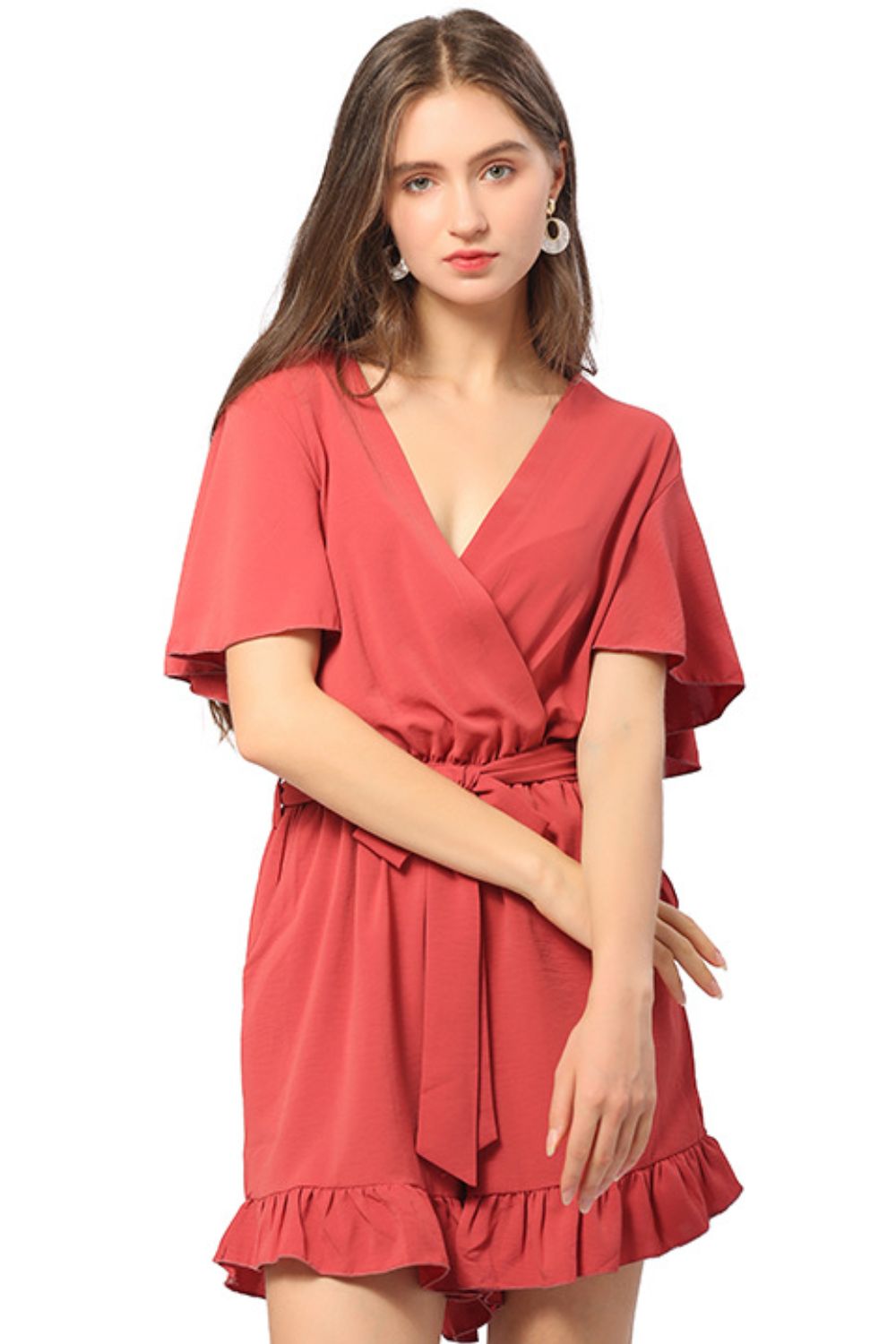 Ruffle Trim Belted Surplice Flutter Sleeve Romper Sunset and Swim   