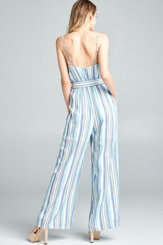 Cotton Bleu by Nu Label Tie Front Striped Sleeveless Jumpsuit  Sunset and Swim   