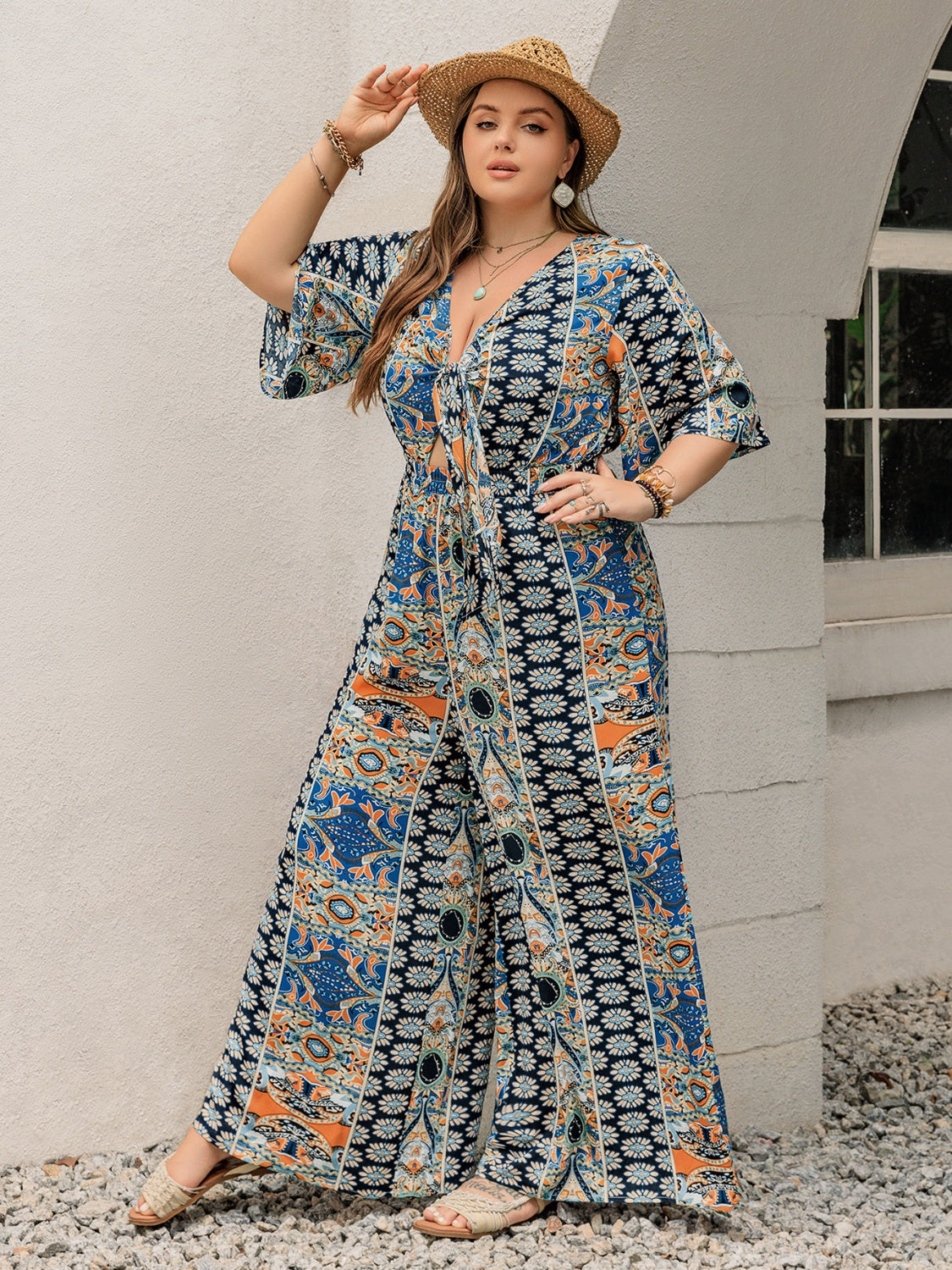 Sunset Vacation Plus Size Printed Half Sleeve Wide Leg Jumpsuit Sunset and Swim   