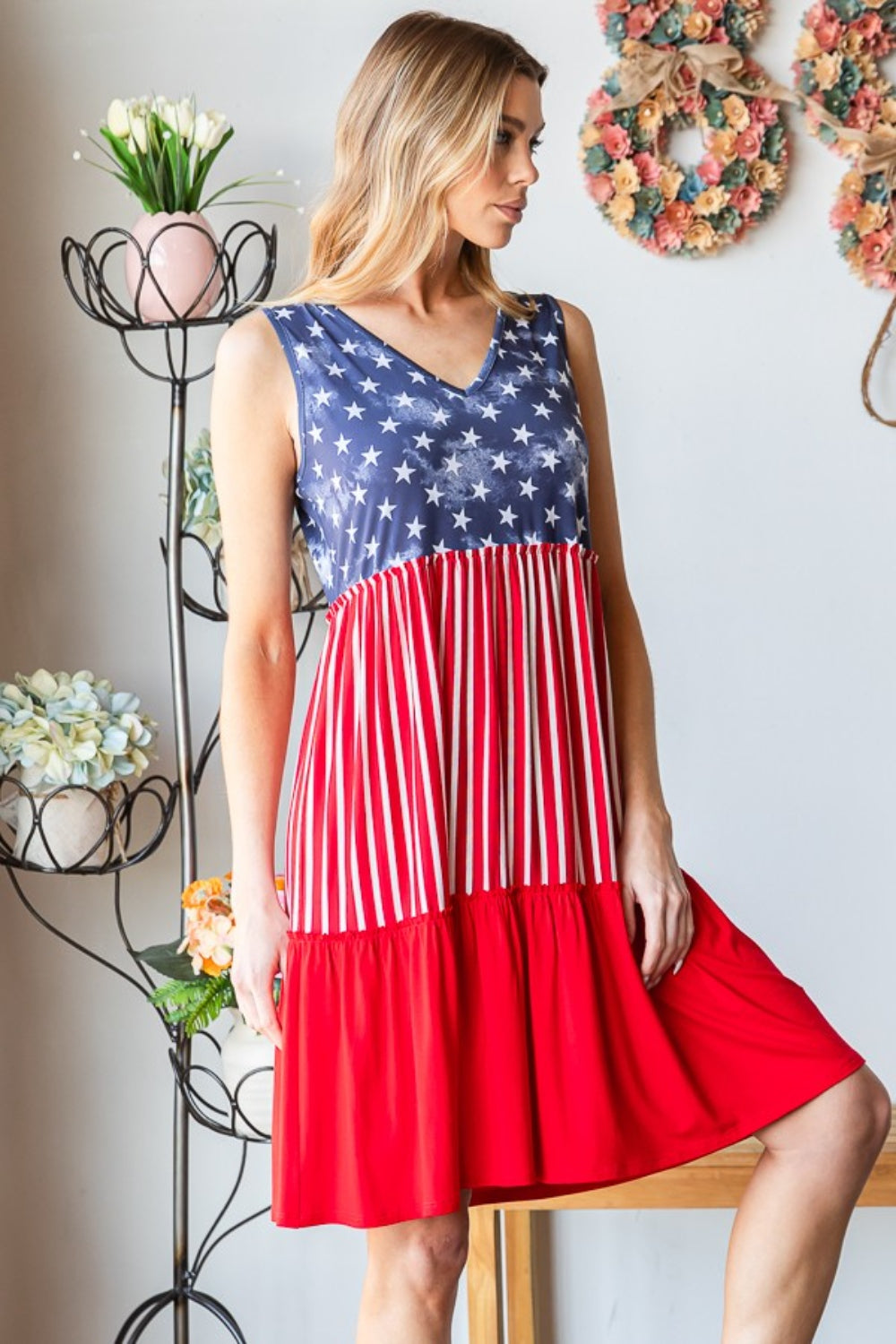 Plus Size US Flag Theme Contrast Tank Dress  Sunset and Swim   