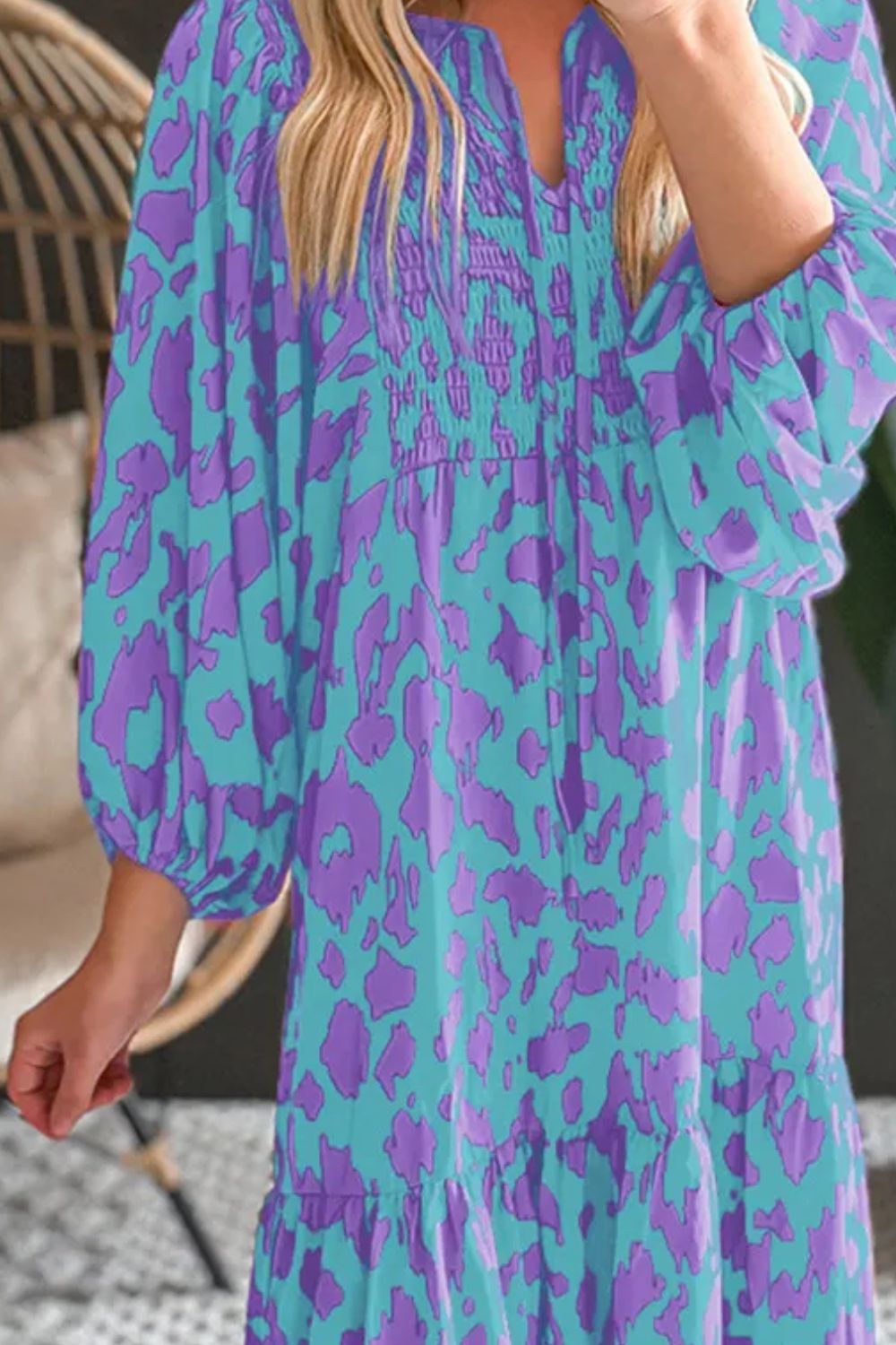 Smocked Printed Tie Neck Long Sleeve Dress Sunset and Swim   