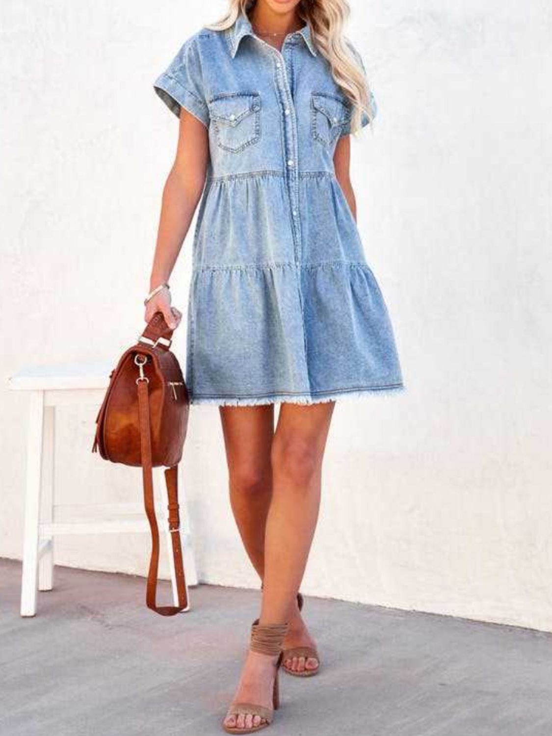 Raw Hem Short Sleeve Denim Dress Sunset and Swim   