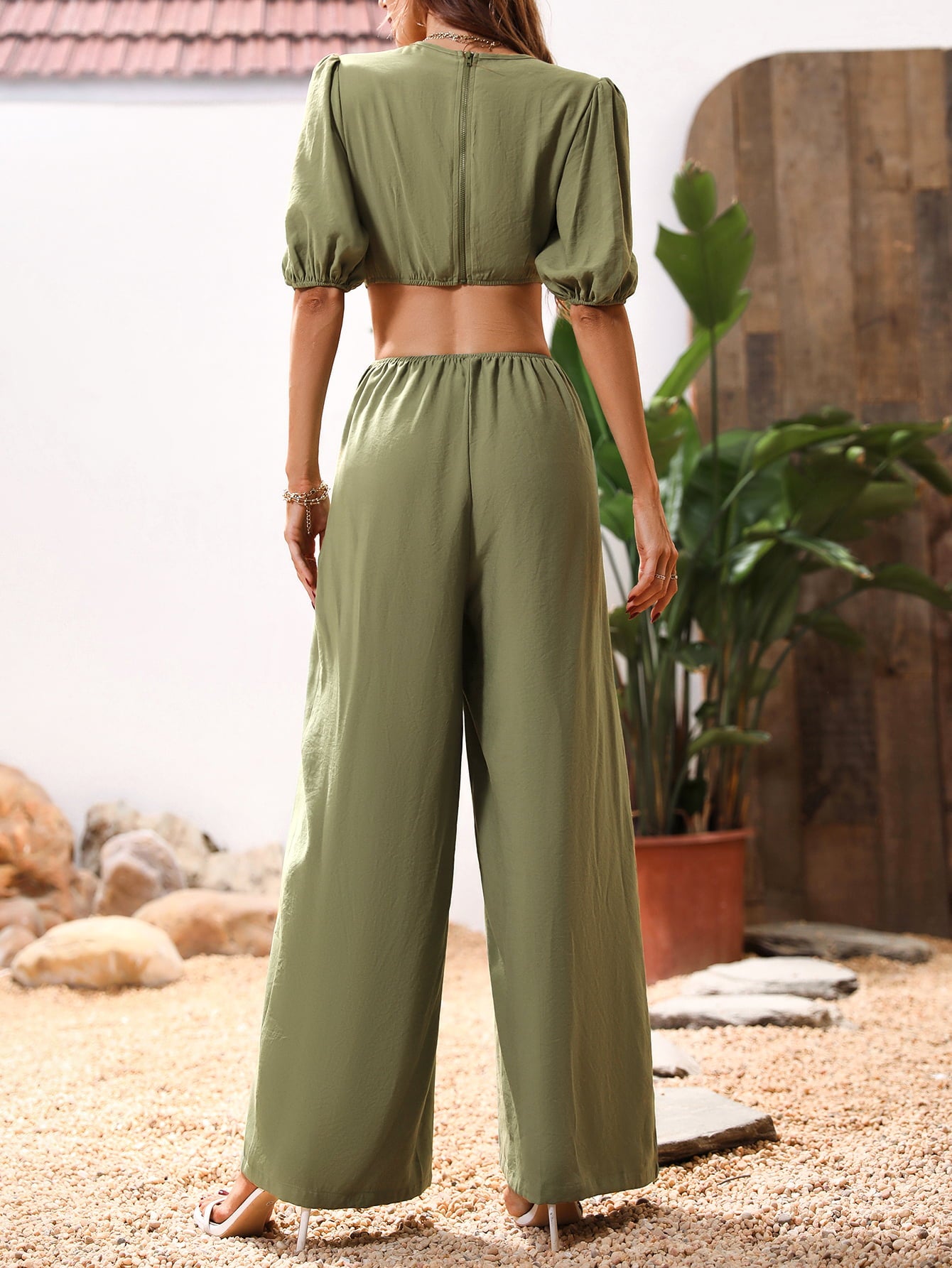 Cutout V-Neck Balloon Sleeve Jumpsuit Sunset and Swim   