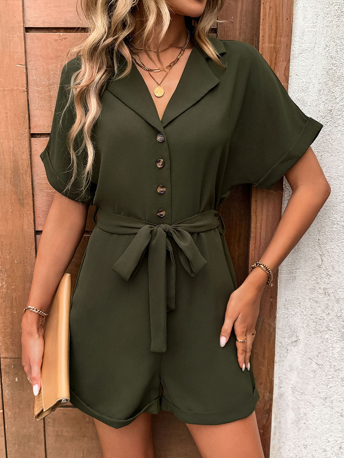 Half Button Tie Waist Short Sleeve Romper Sunset and Swim Army Green S 