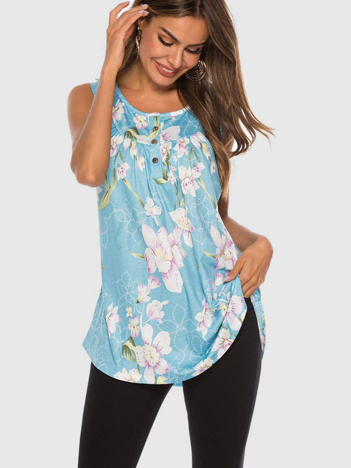 Sunset Vacation Flower Printed Round Neck Tank Sunset and Swim Pastel  Blue S 