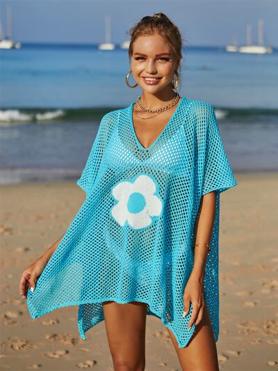 Sunset Vacation  Openwork Flower V-Neck Short Sleeve Cover Up Sunset and Swim Sky Blue One Size 