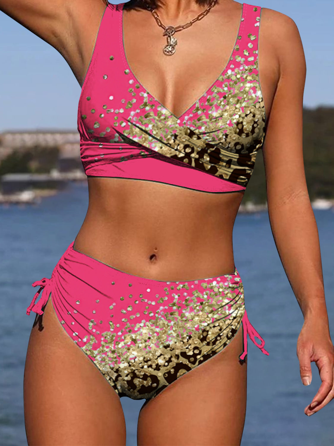 Sunset Vacation  Lace-Up Printed Wide Strap Bikini Set  Sunset and Swim Hot Pink S 