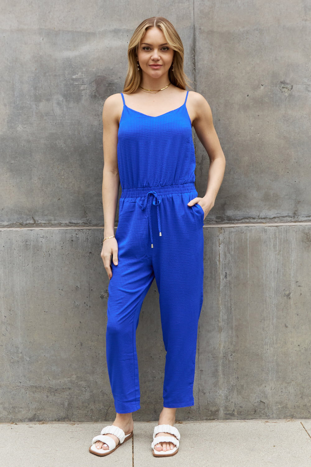 ODDI Full Size Textured Woven Jumpsuit in Royal Blue  Sunset and Swim Royal  Blue S 