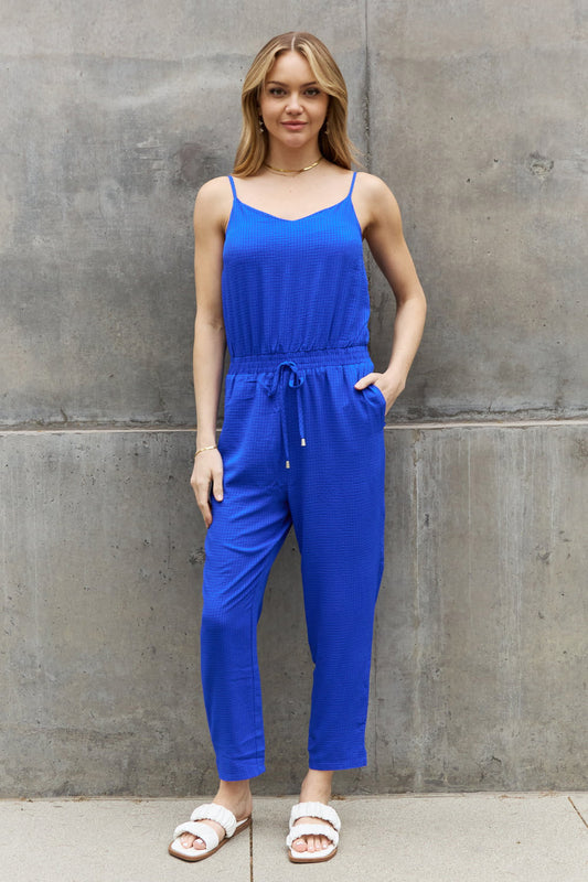 ODDI Full Size Textured Woven Jumpsuit in Royal Blue  Sunset and Swim Royal  Blue S 